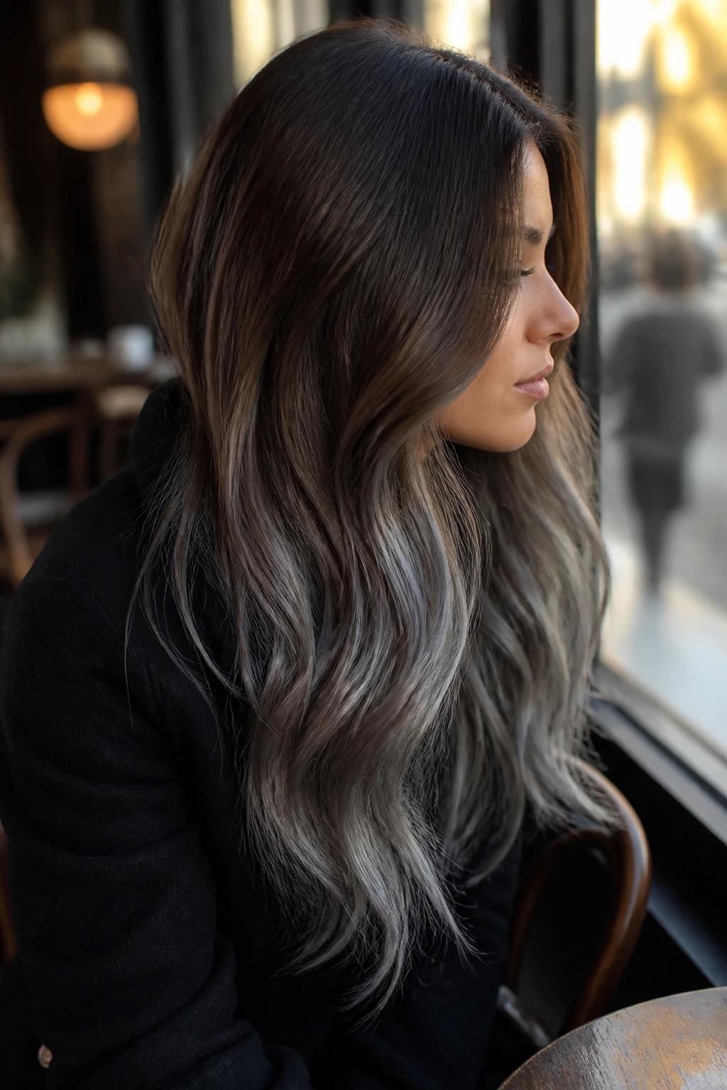 Long brown hair with a mocha-to-slate ombré gradient from roots to tips in natural light.