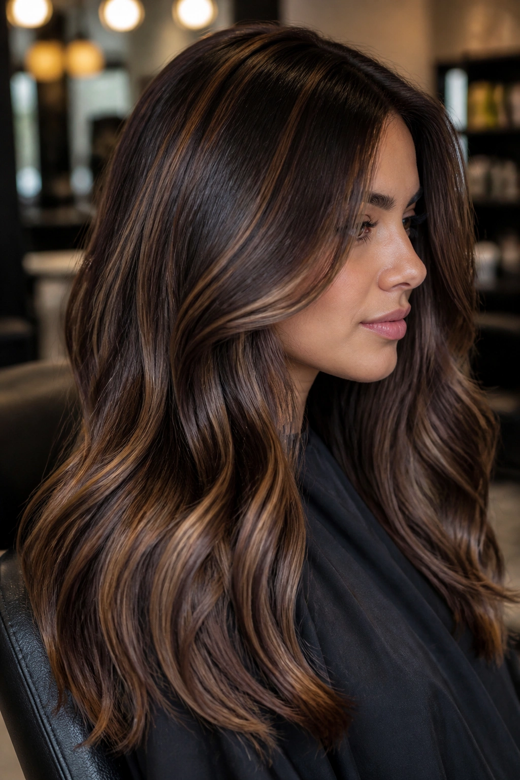 Thick brunette with mocha slice lowlights visible through the hair in a salon setting.
