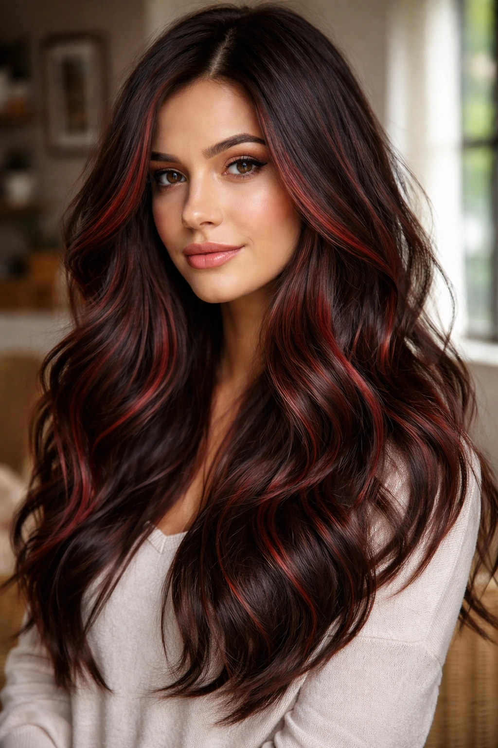 Mocha hair with strawberry-red accents woven through.