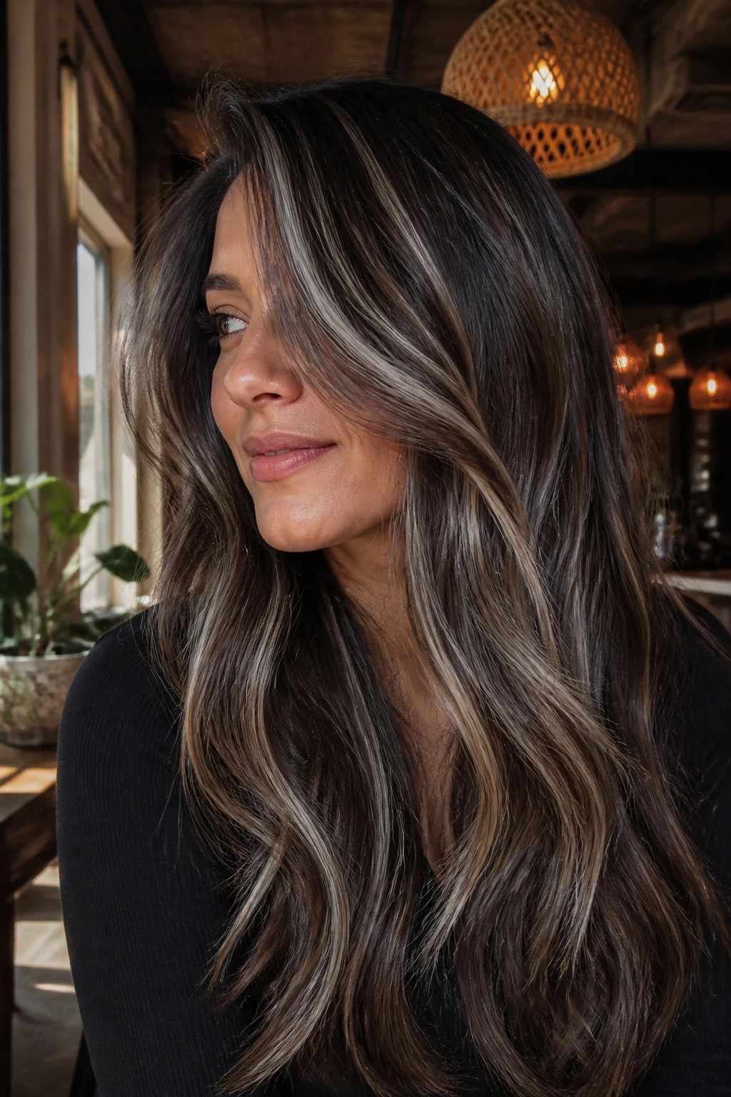 Close-up of mocha hair with silver ribbon highlights