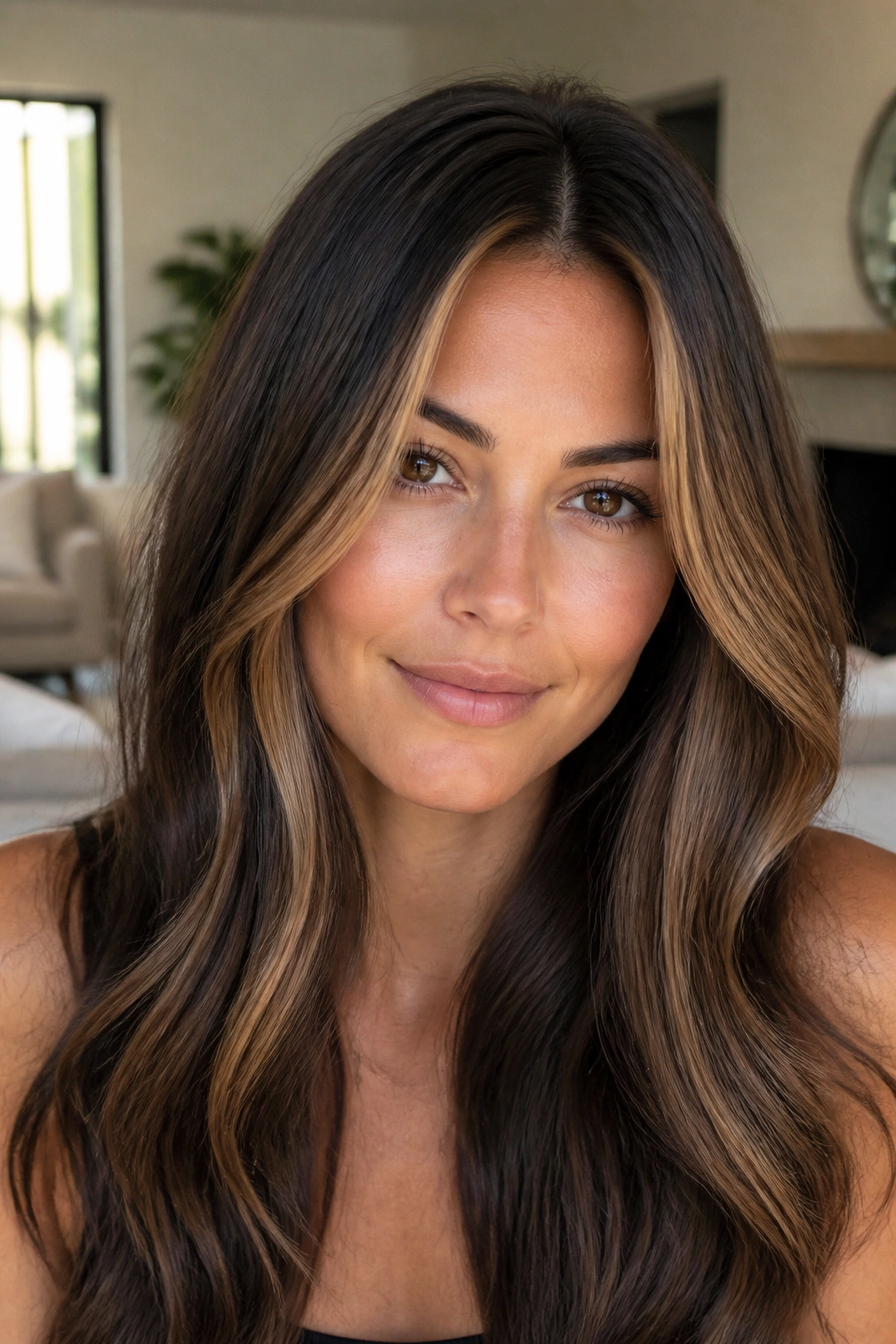 Close-up of long hair with mocha-toffee face frame on a real person