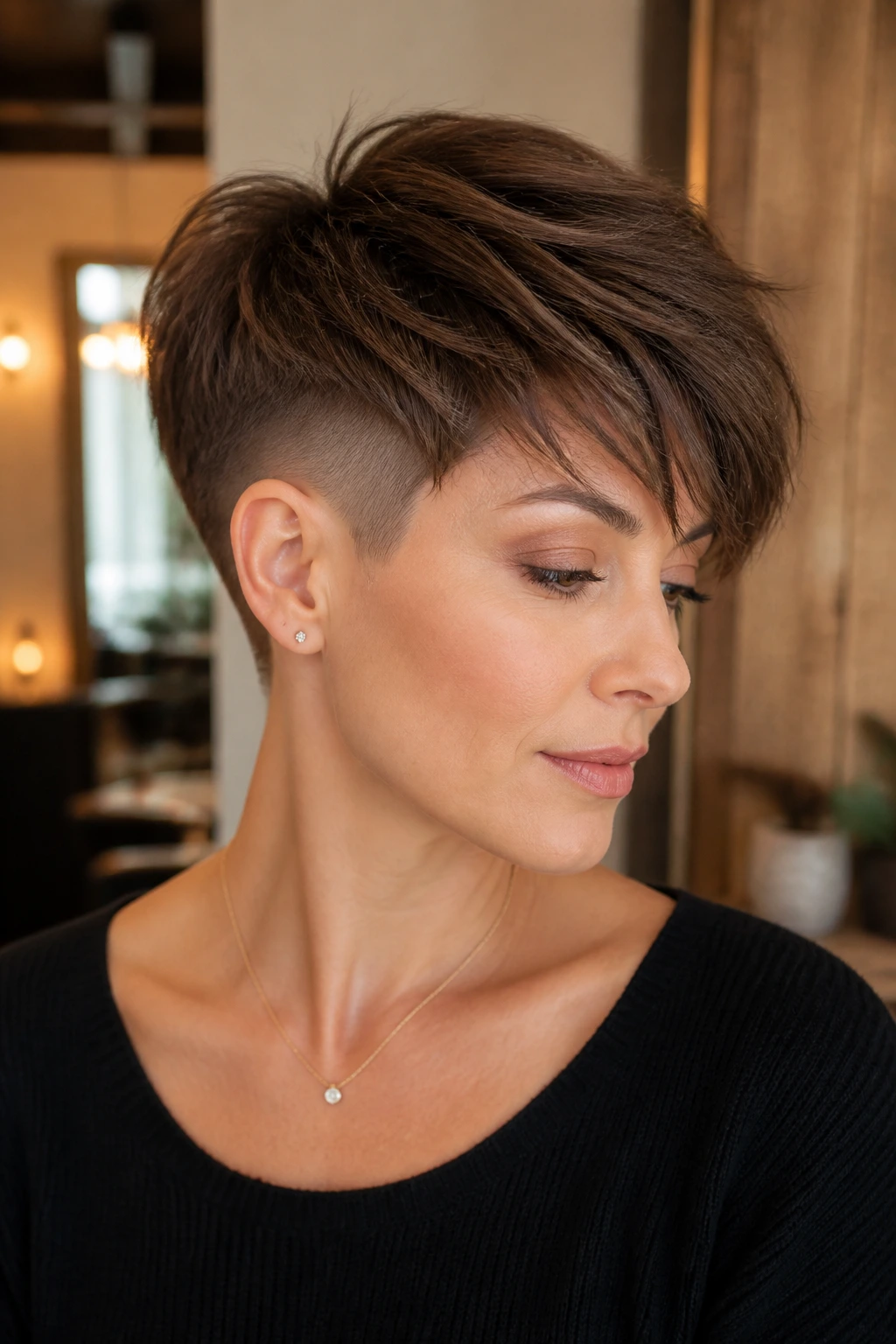 Close-up of a real woman with mocha undercut pixie and long top.