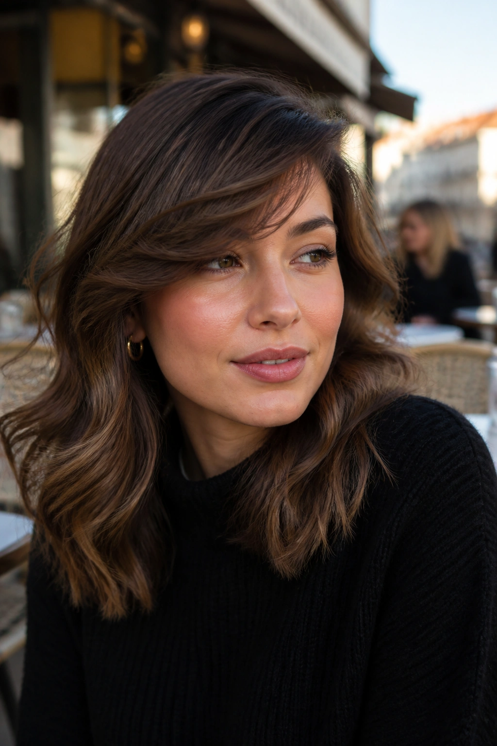 Portrait of a woman with mocha waves and side-swept bangs.