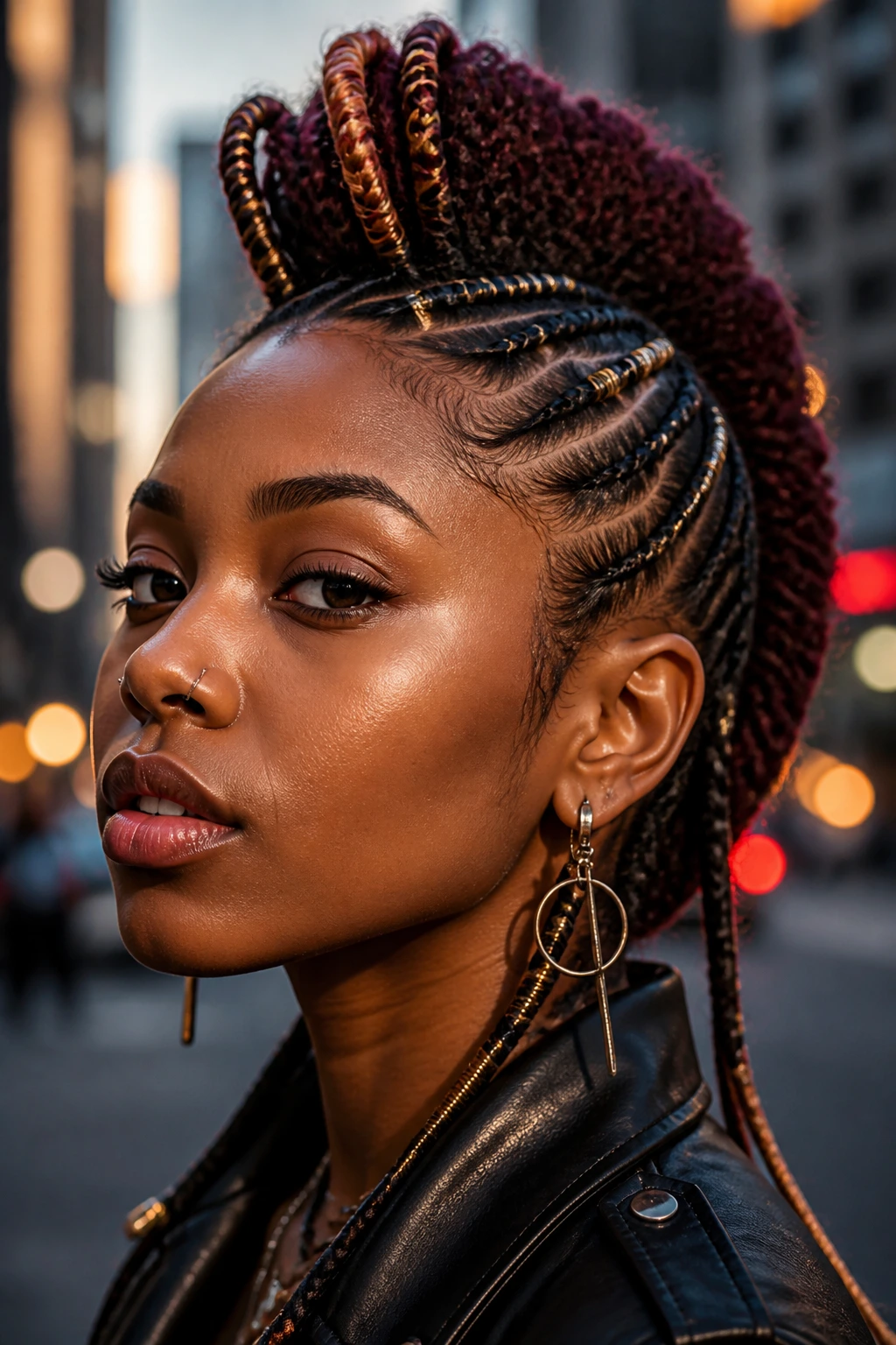 Close-up portrait of a real person with a mohawk adorned with modern accessories woven into the braids.