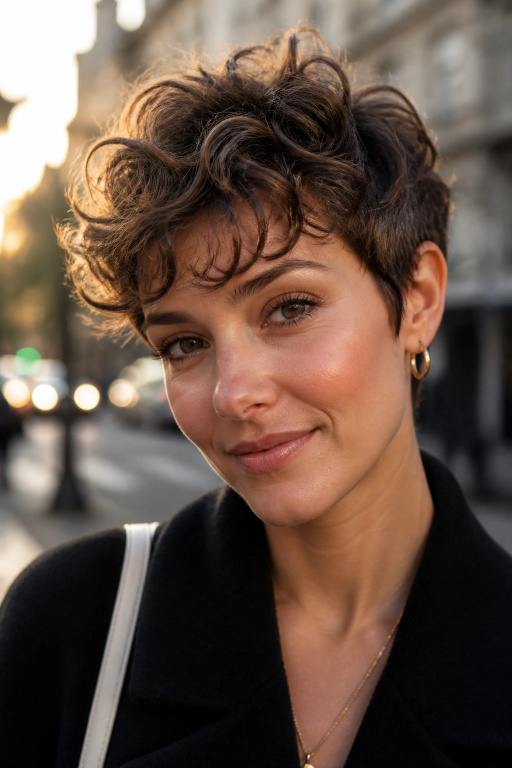 Close-up of a real woman with modern bixie and curly movement on a sunny city street.