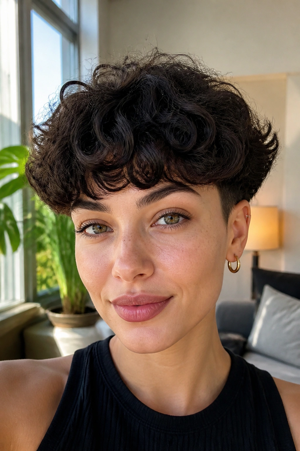 Close-up of a real person with a modern bowl cut for curls in a bright living room