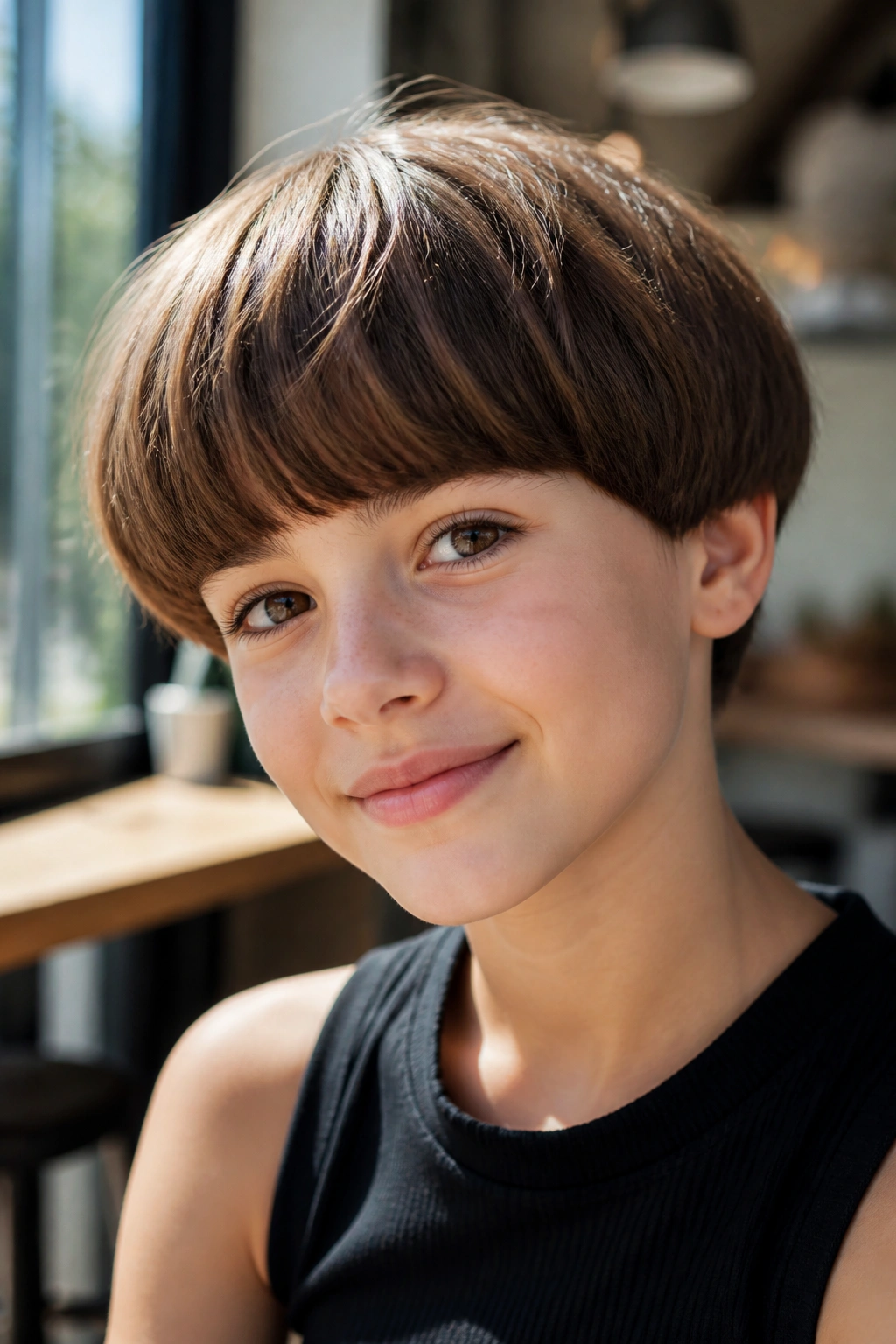 Portrait of a girl with a modern bowl cut in a sunlit cafe setting