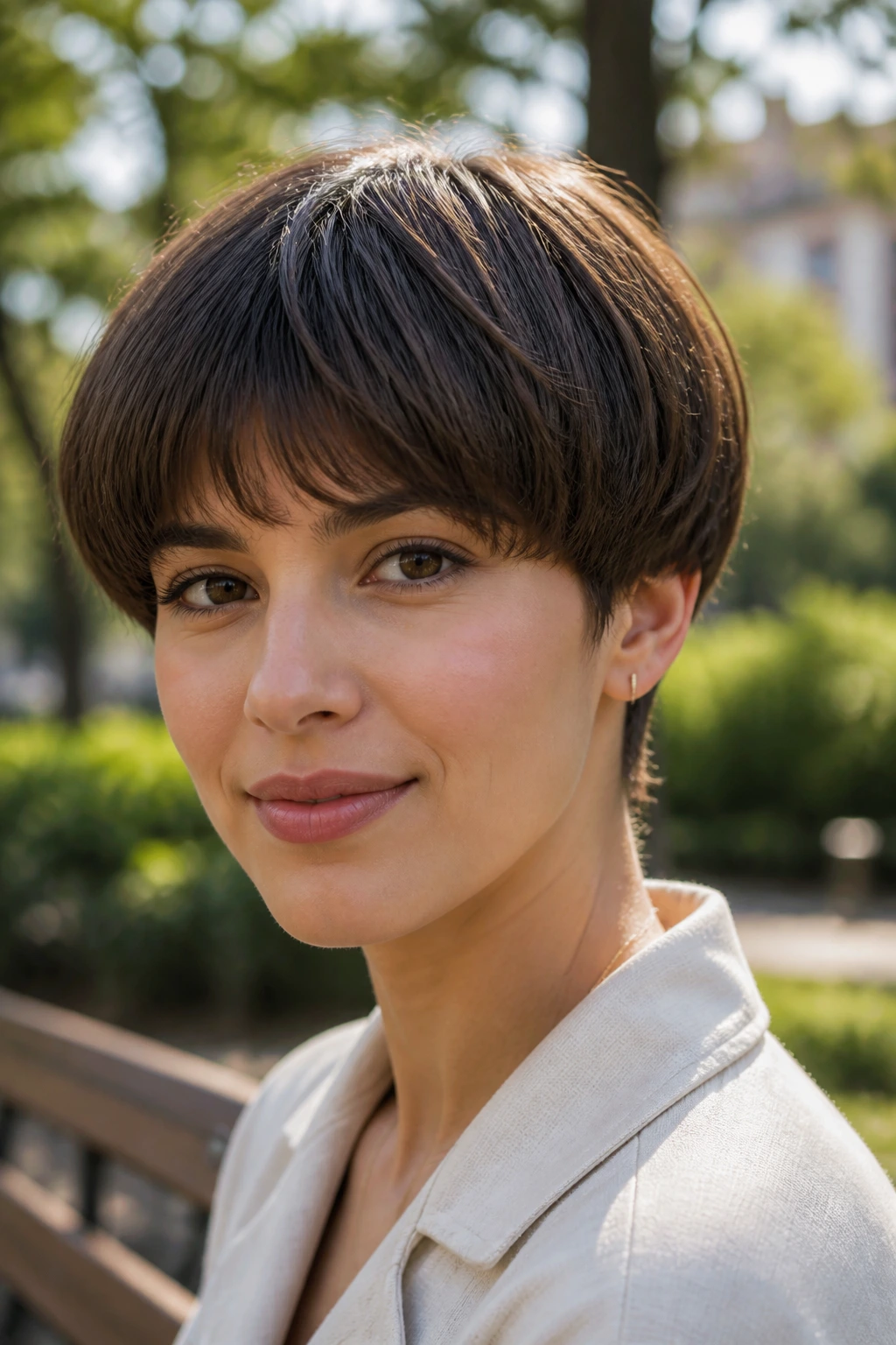 Real woman with modern bowl cut and soft fringe in a park setting