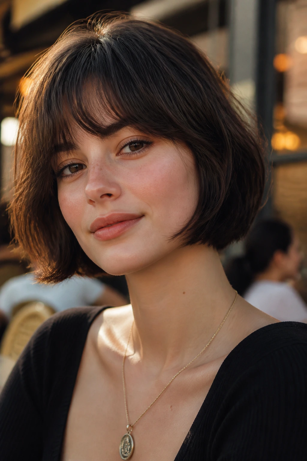 Portrait of a woman with modern French bob and soft fringe.