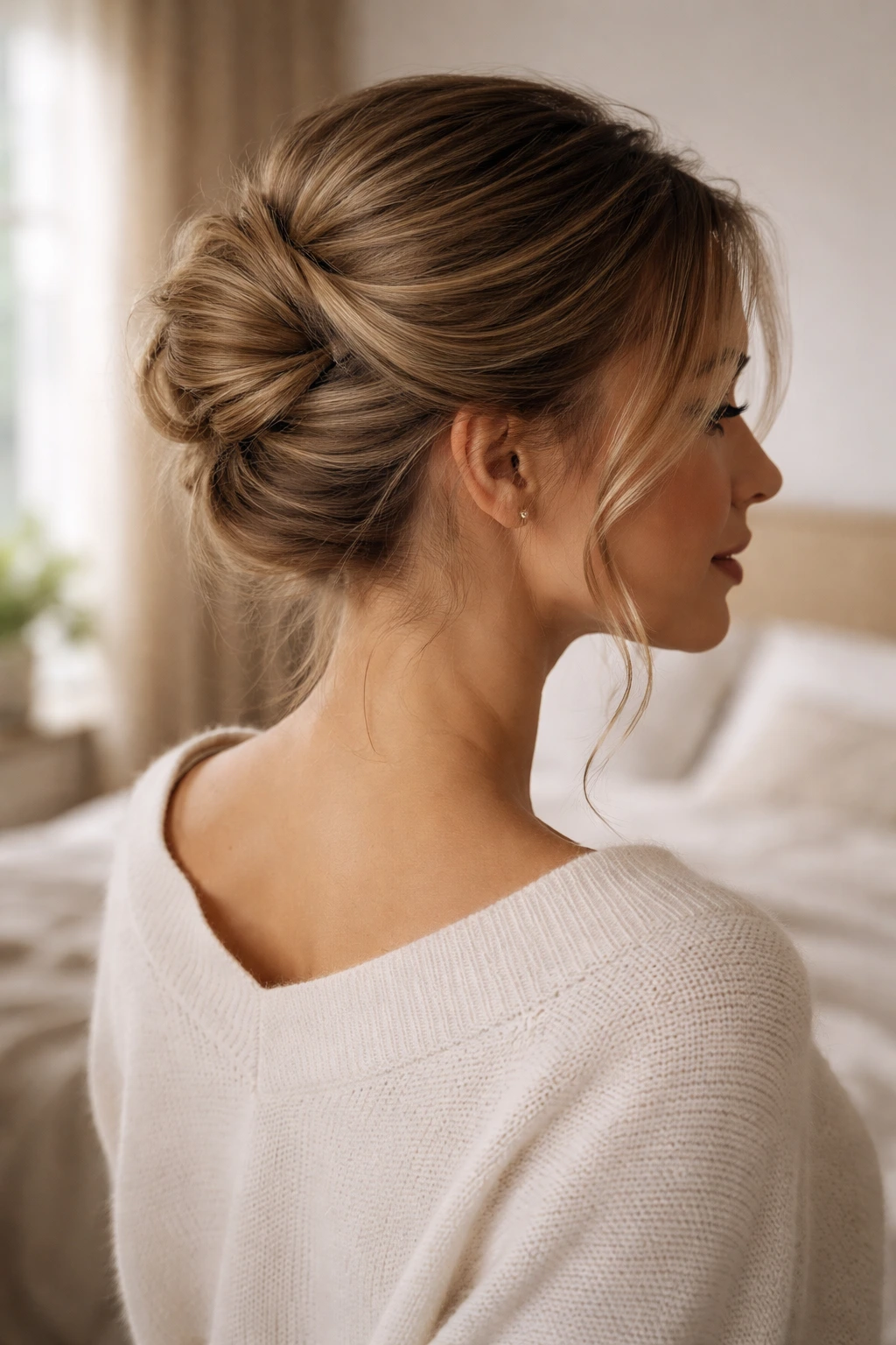 Close-up portrait of a woman with a modern French twist hairstyle in a cozy bedroom