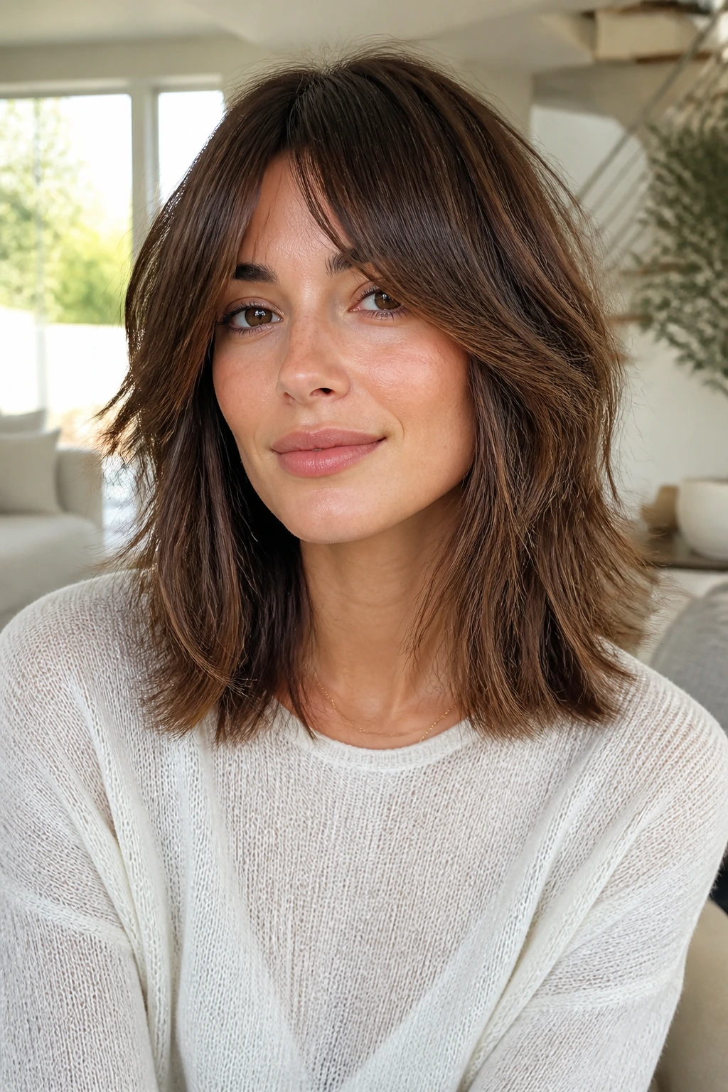 Close-up portrait of a real person with modern midi shag and clean ends