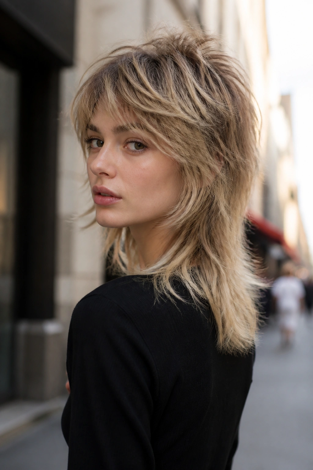 Three-quarter portrait of a real person with feathered mullet on an urban street
