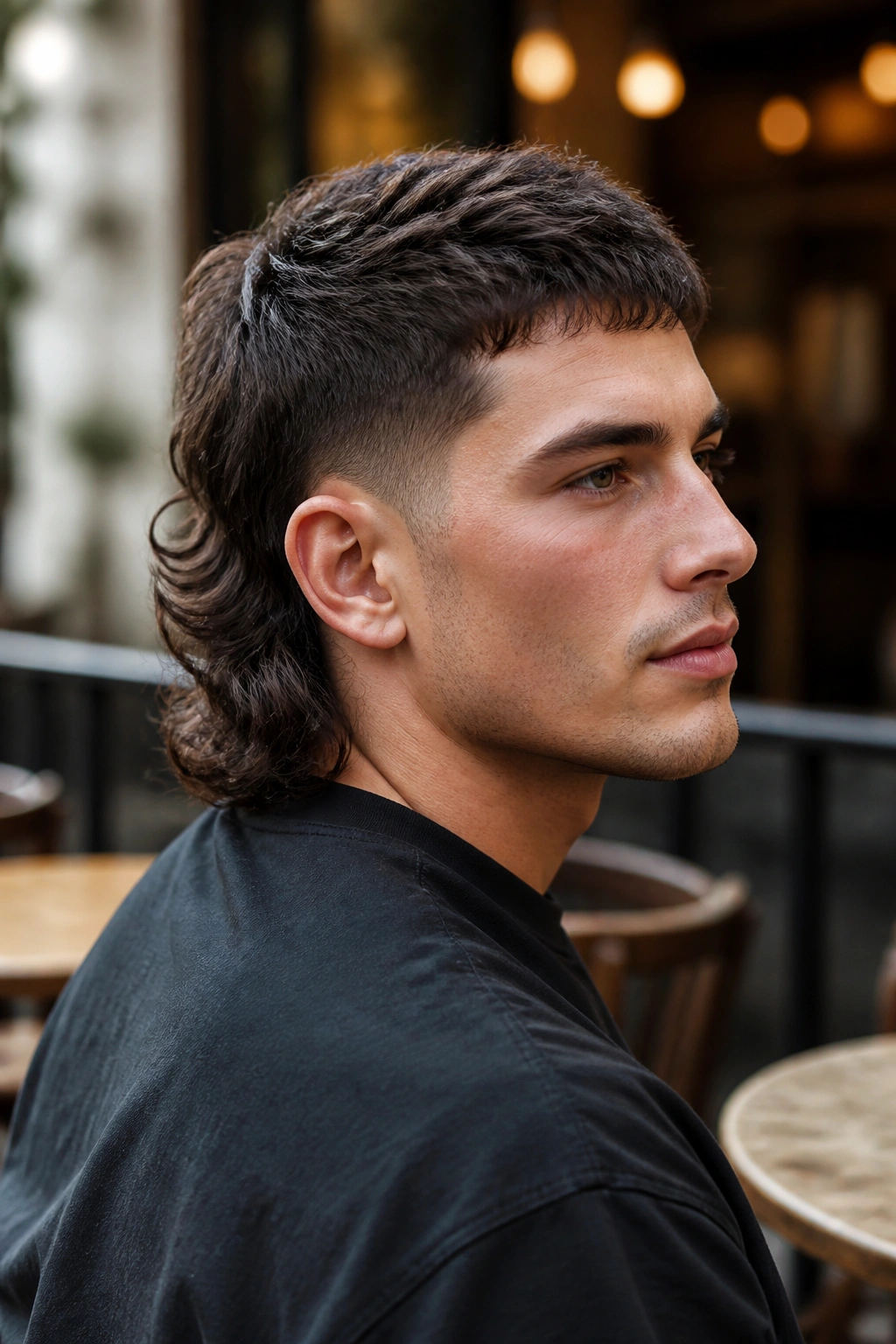 Man with a modern mullet showing short front and long back