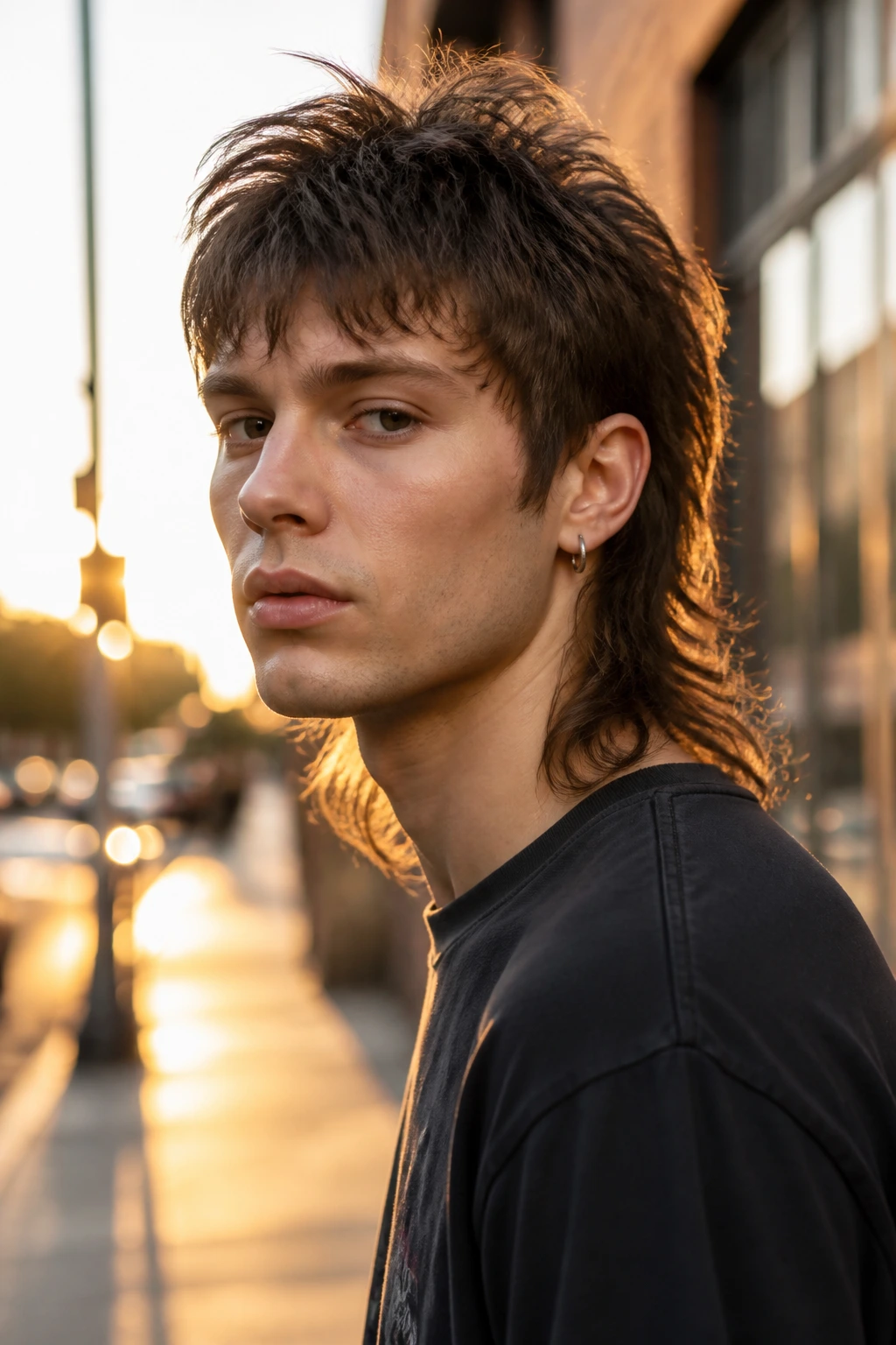Real person with modern mullet hairstyle with shorter top and longer back.