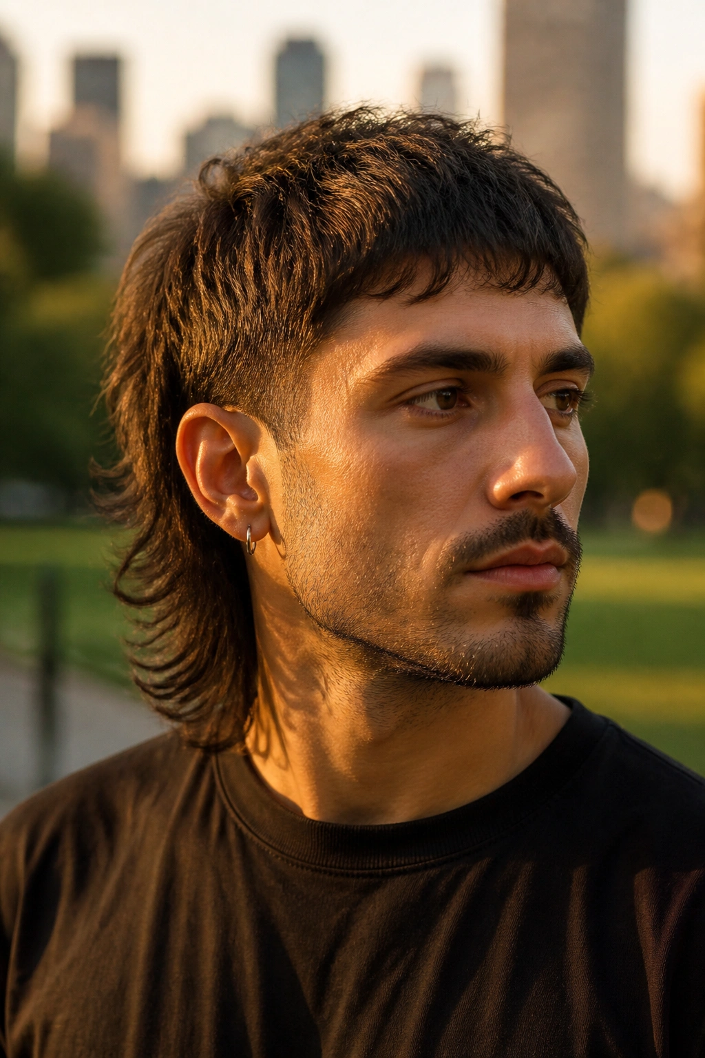 Close-up man with modern mullet and controlled layers in golden hour light