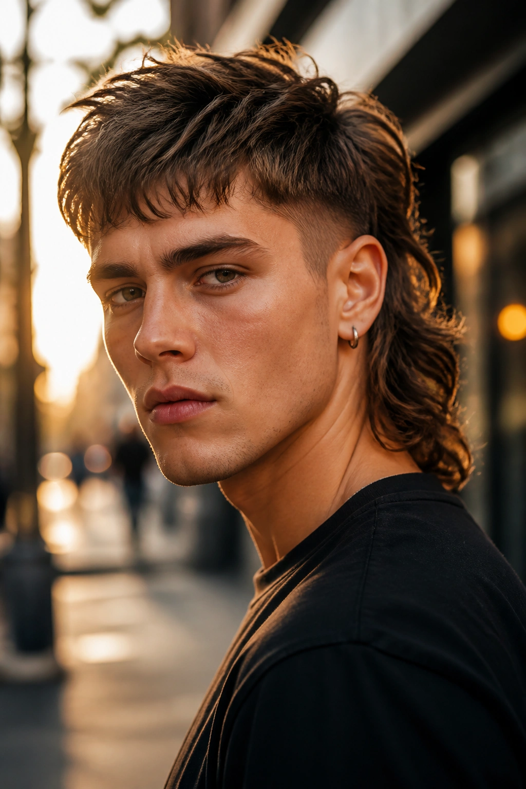 Close-up portrait of a real person with a modern mullet hairstyle.