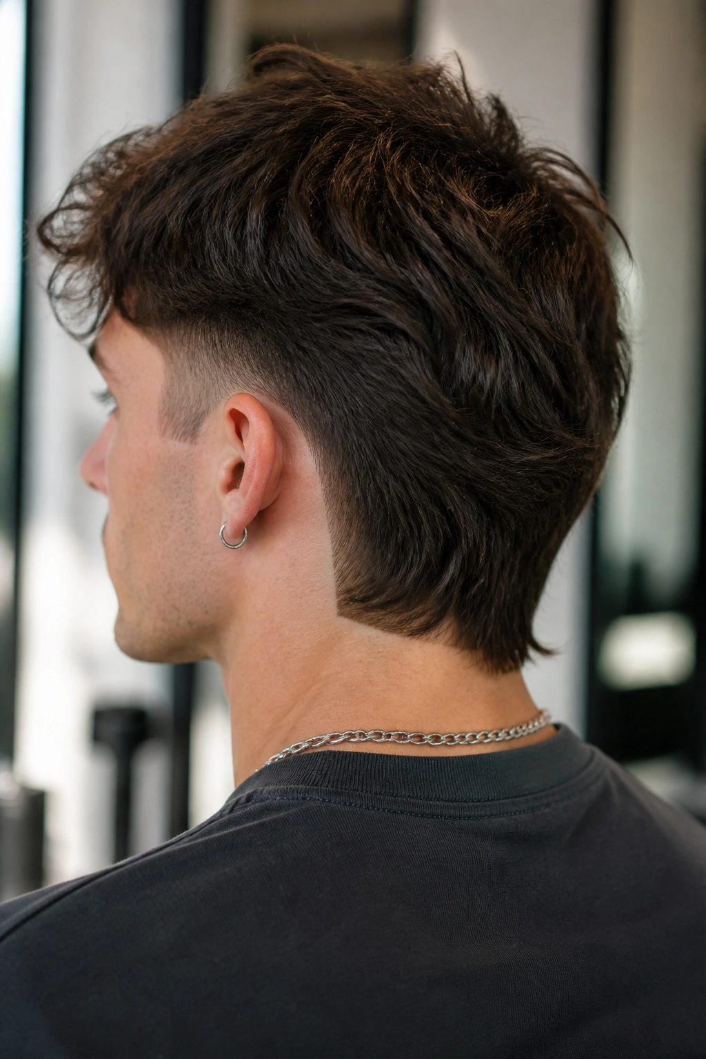 Close-up of real person with modern mullet and cropped nape panel in a salon