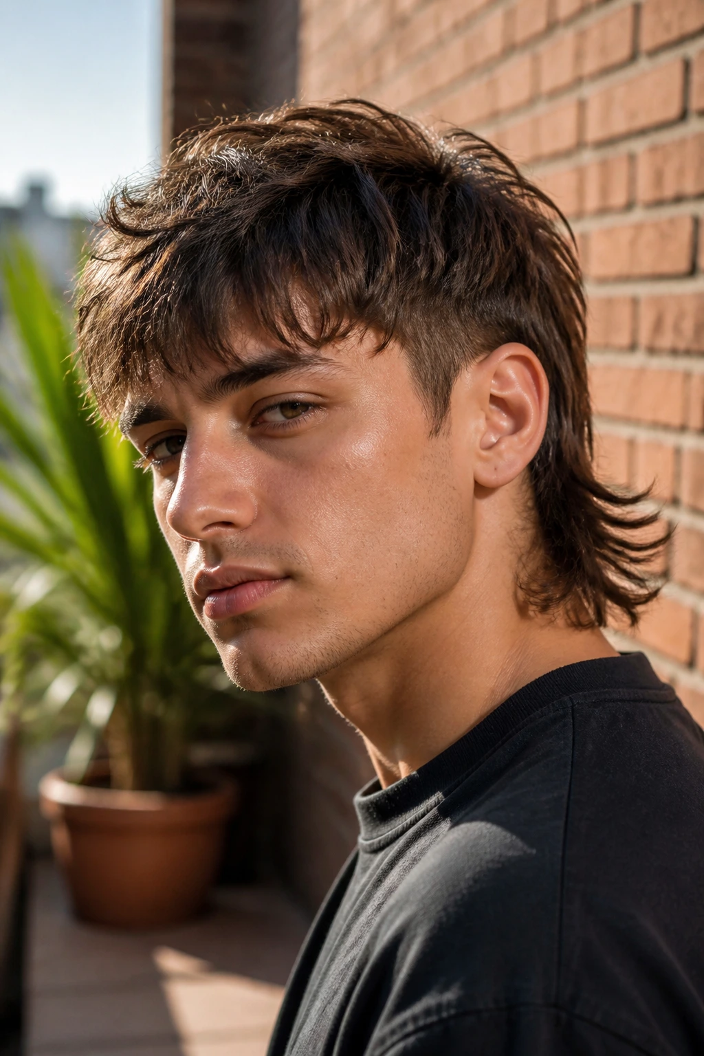Close-up portrait of real person with modern mullet hairstyle in natural light