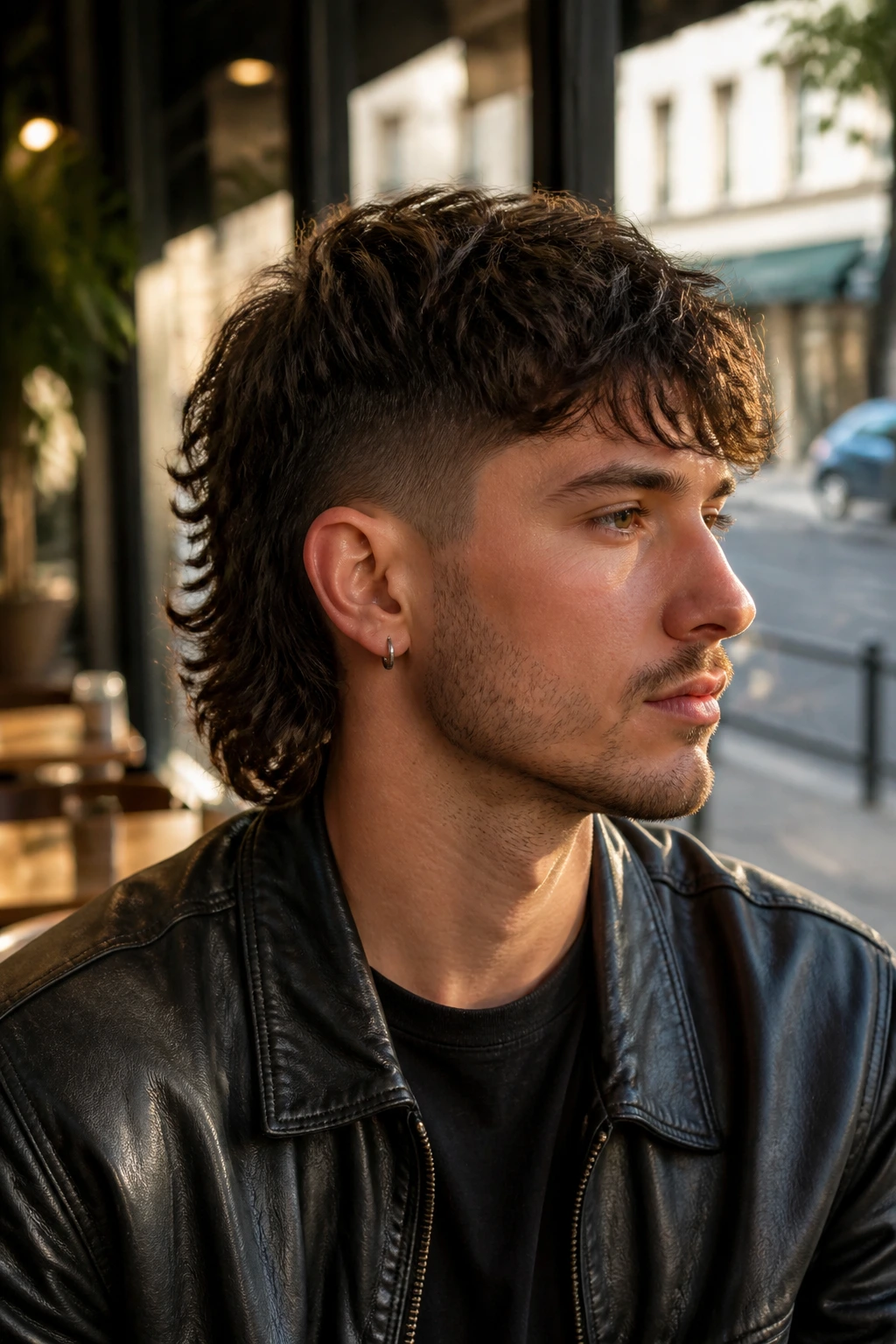 Close-up portrait of a person with a modern mullet hairstyle