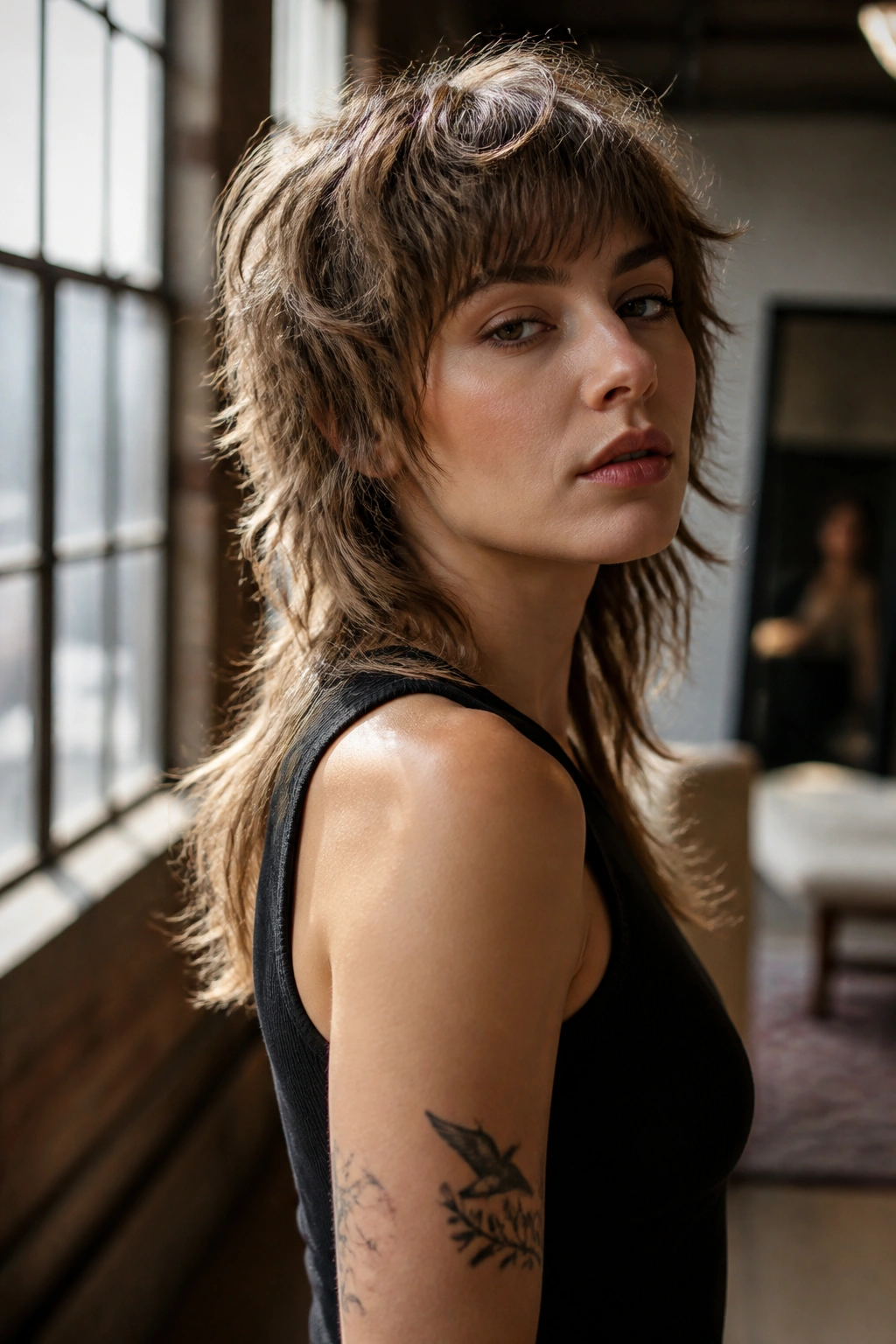 Three-quarter portrait of a real woman with modern mullet shag
