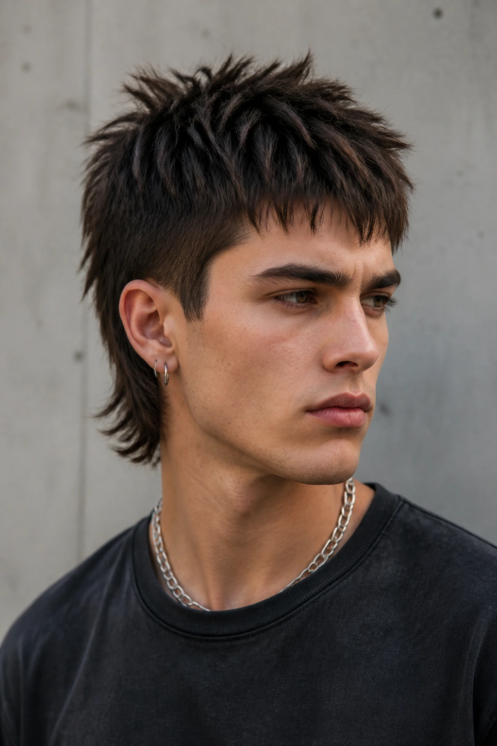 Close-up portrait of a real person with modern mullet and sharp textured ends