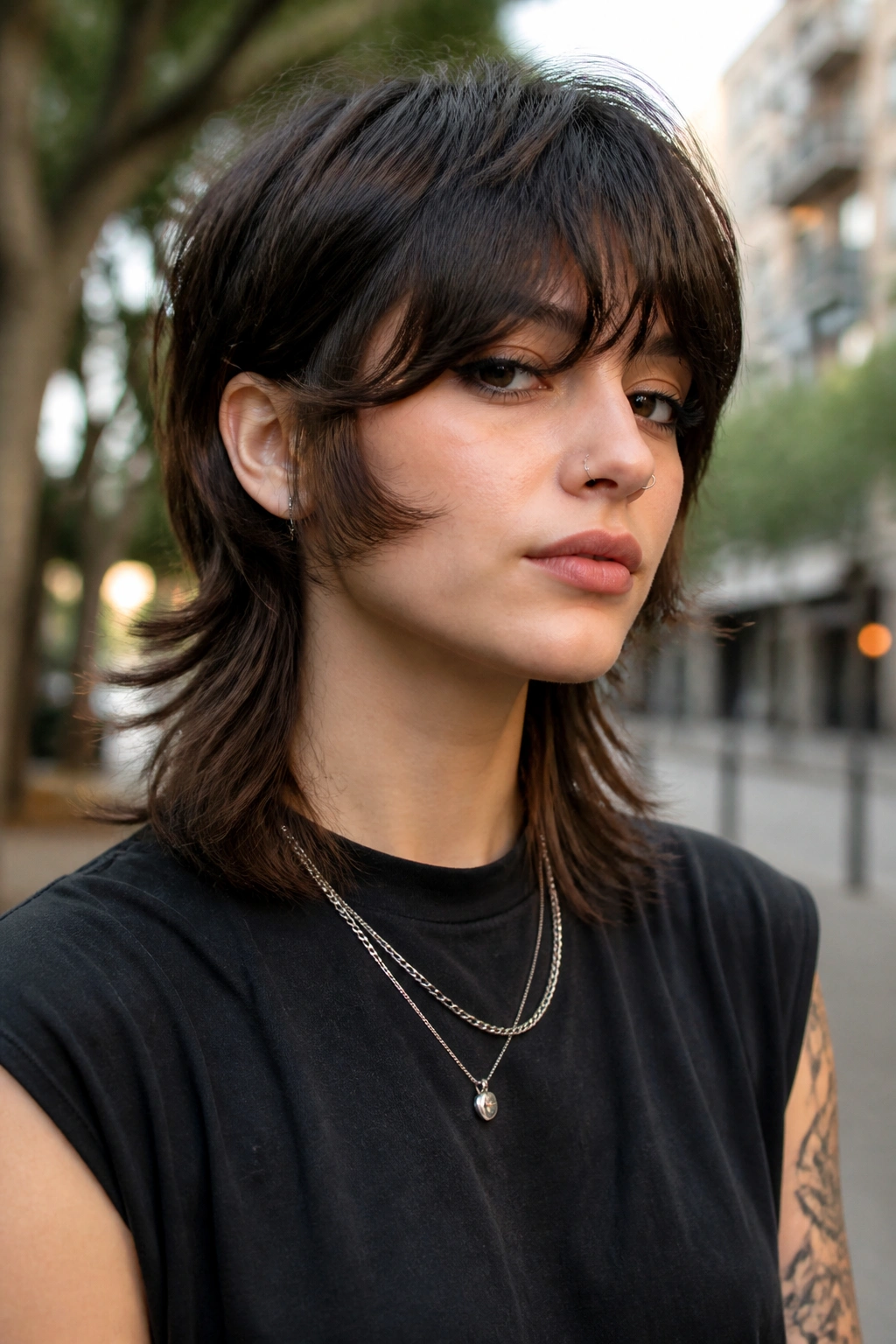 Portrait of a real person with a modern mullet and soft edges