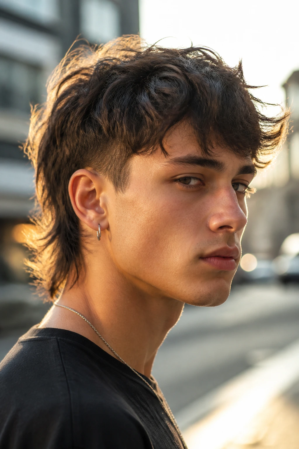 Close-up of a real person with a modern mullet featuring a soft nape and contrasted side lengths.