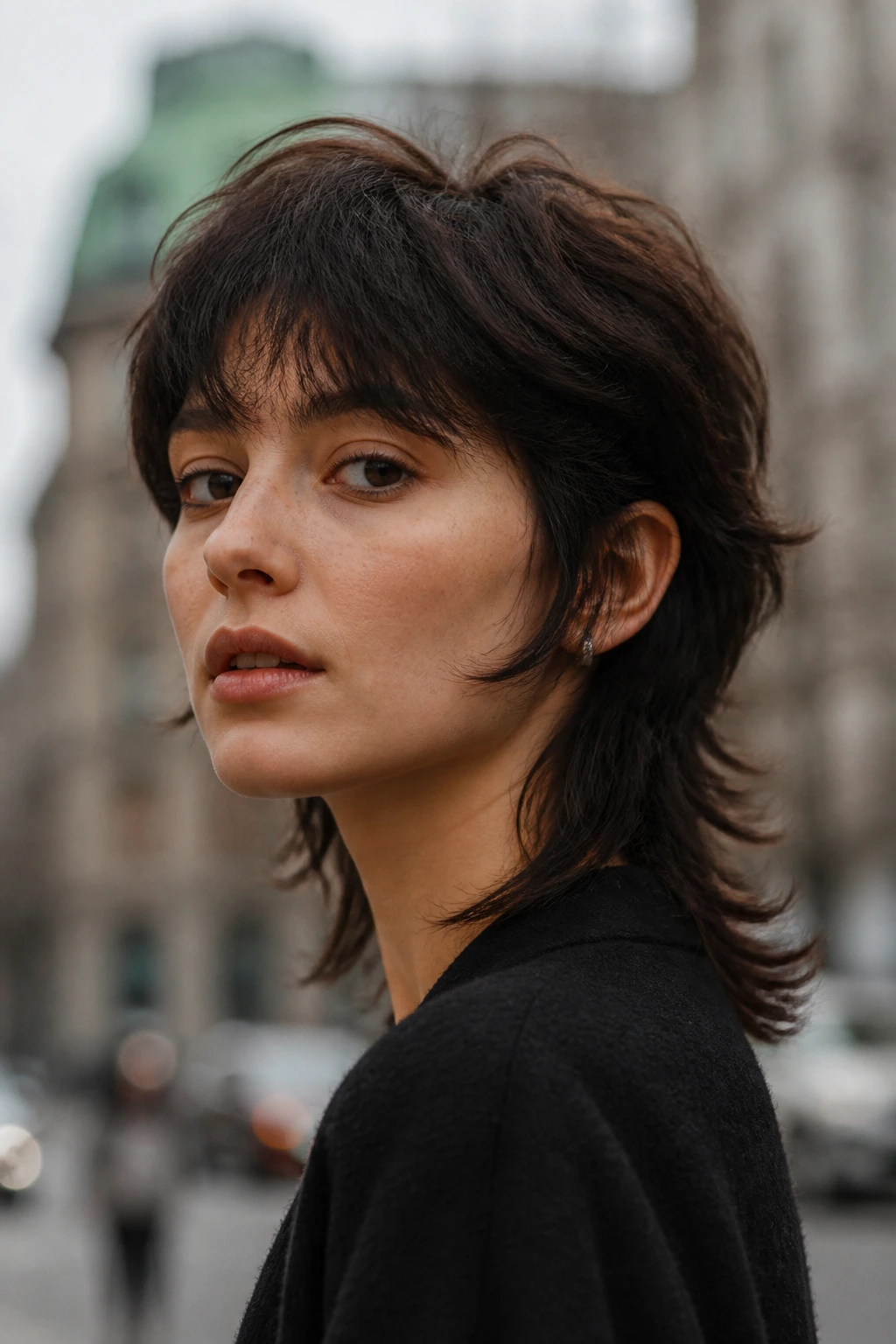 Portrait of a real woman with a modern mullet and soft sideburns in city daylight.
