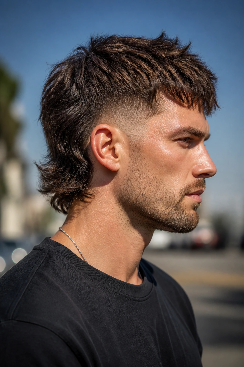 Portrait of a man with a modern mullet and tapered neck