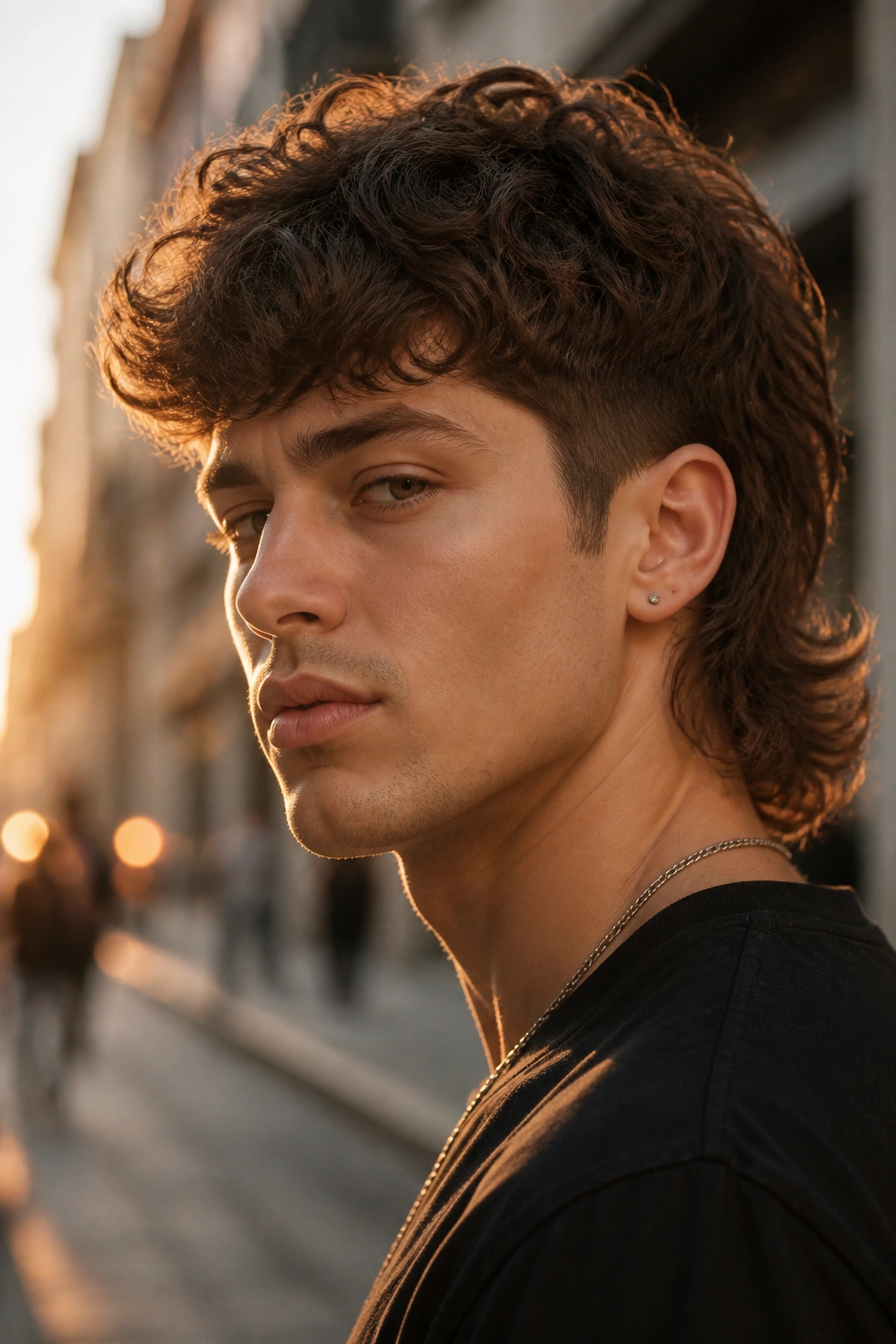 Close-up portrait of a real person showing a modern mullet with short sides and longer top, thick waves