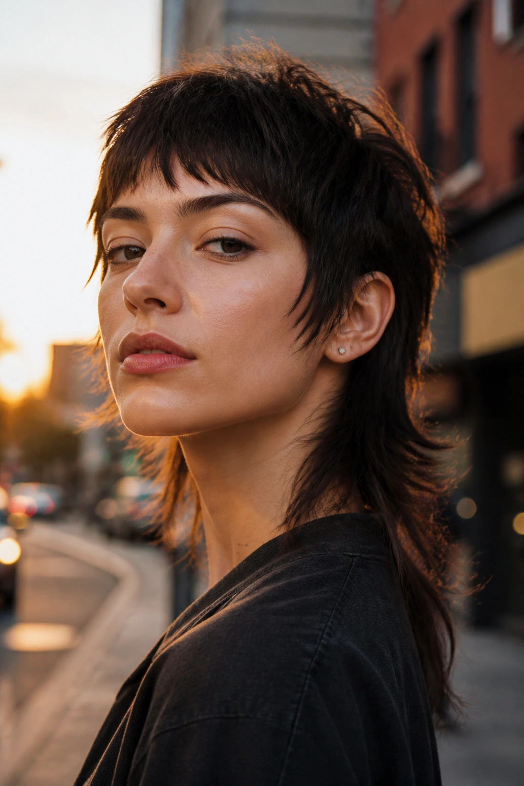 Close-up of a real person with modern mullet wolf cut, short front and long back.