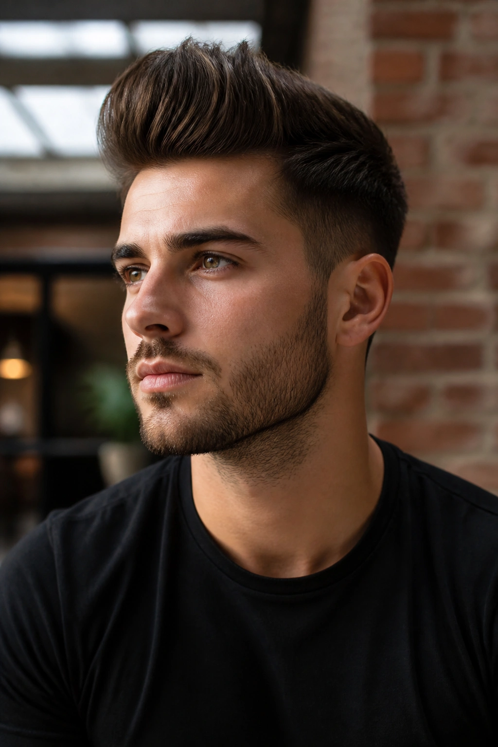 Real man with a modern quiff, lifted front and tapered sides in a brick-walled loft