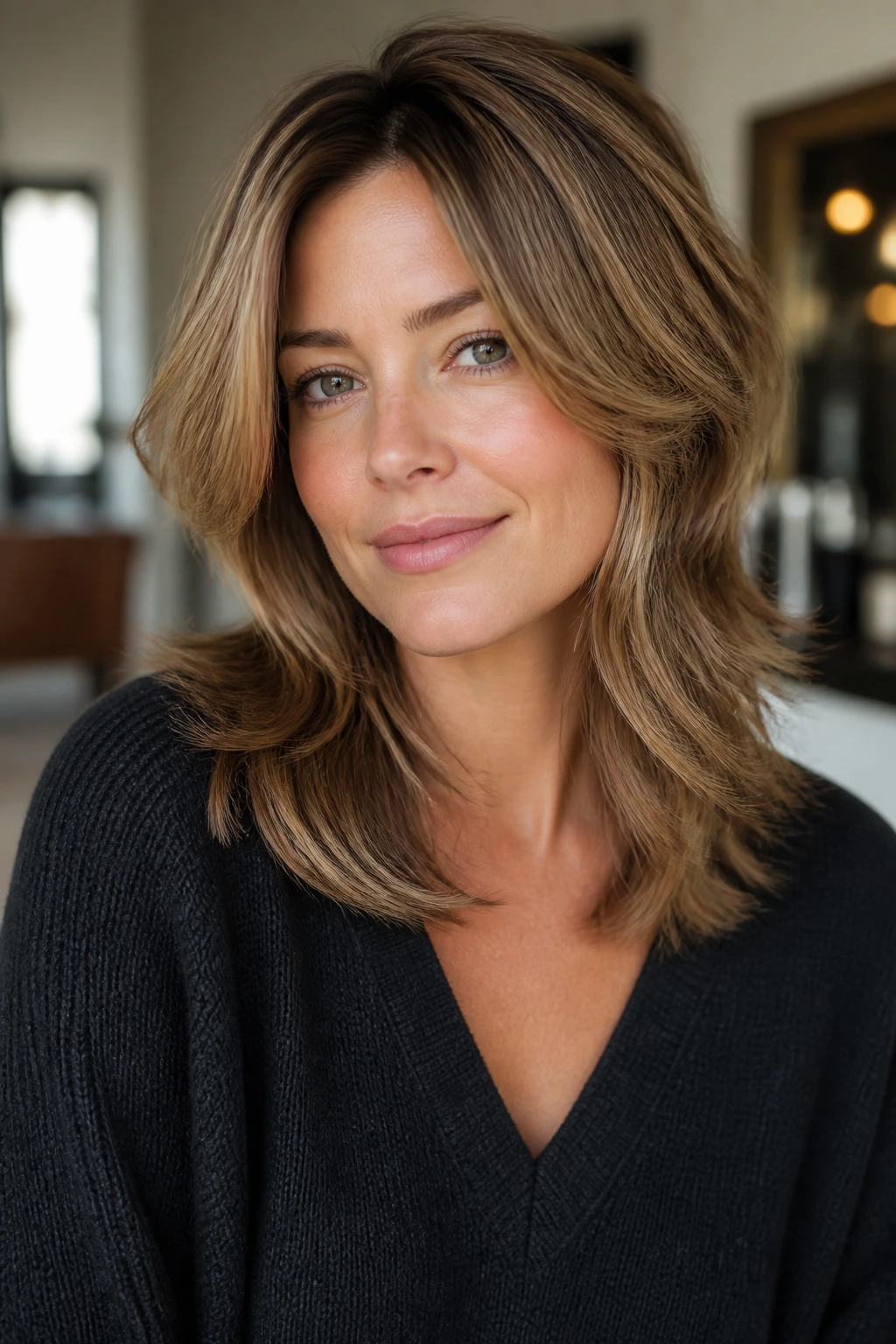 Modern Rachel cut on medium-length hair in close-up portrait