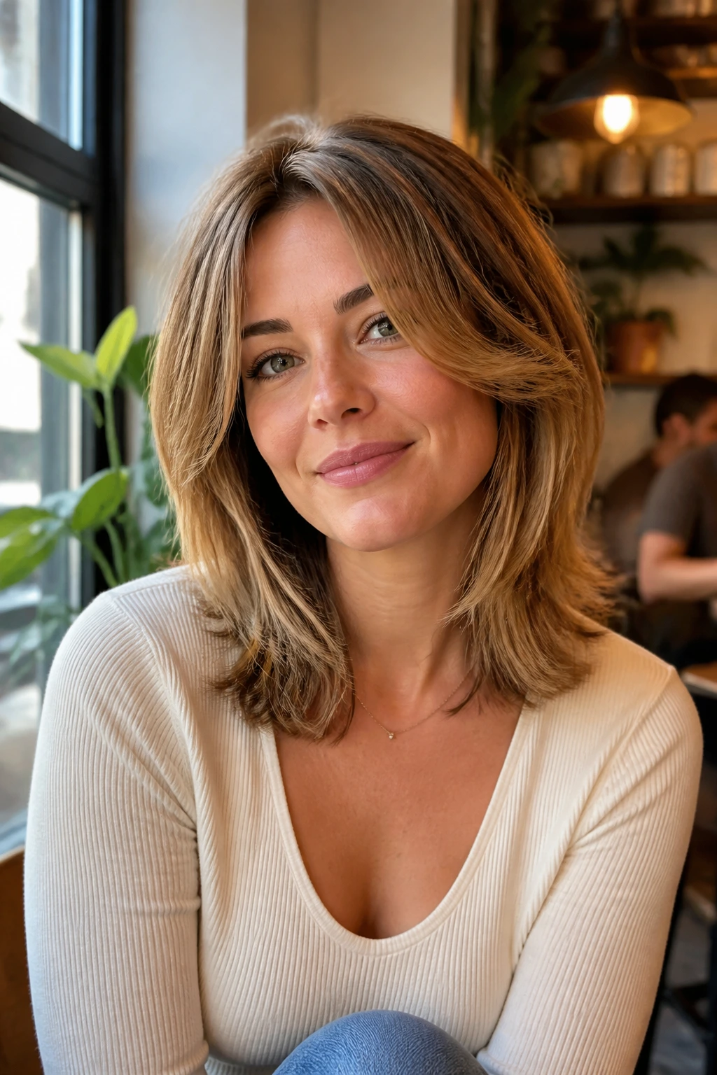 Close-up of real woman with modern Rachel-inspired medium cut.