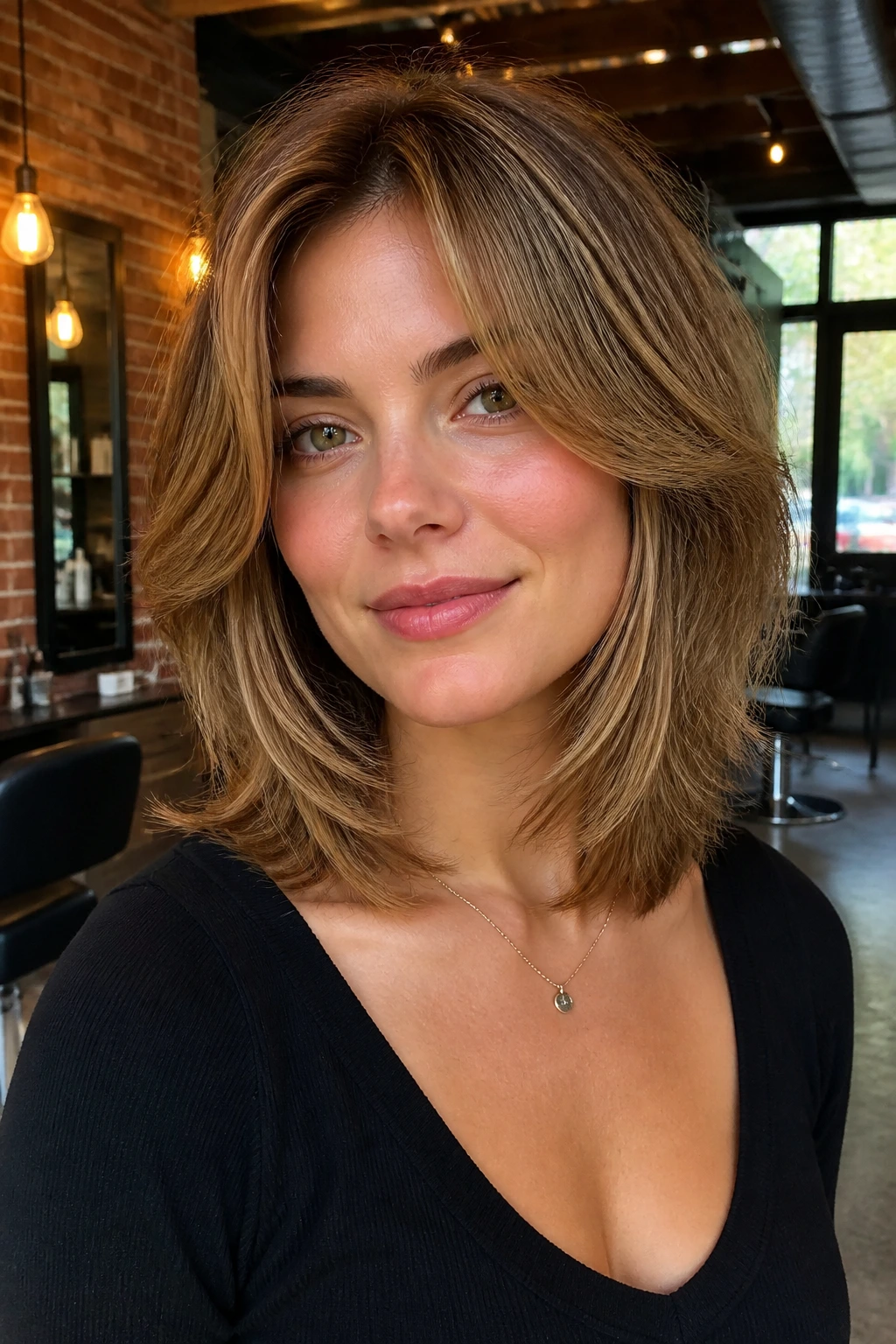 Close-up portrait of a real woman with Rachel-inspired shag for a round face.