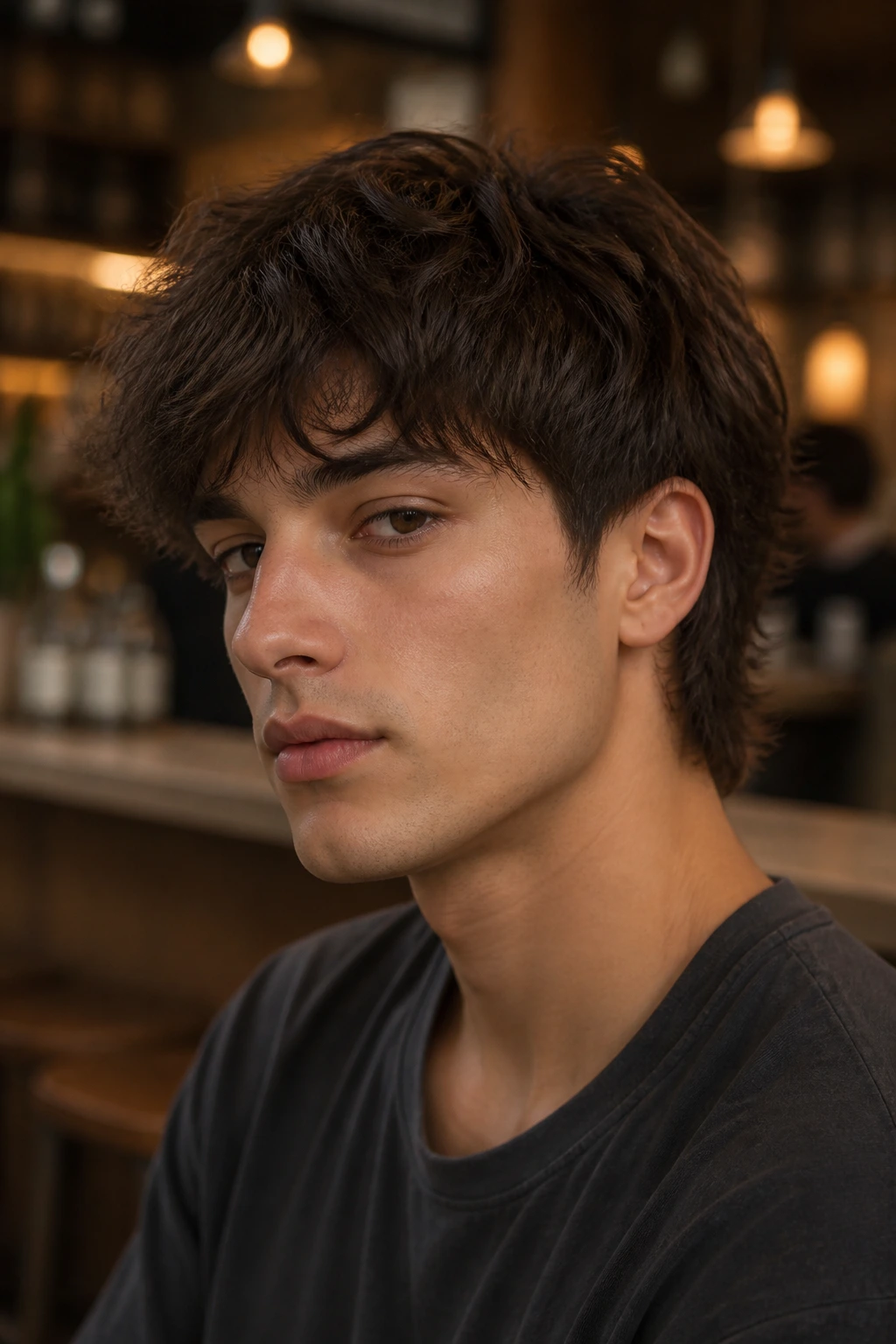 Portrait of a man with modern shag hairstyle and tapered sides