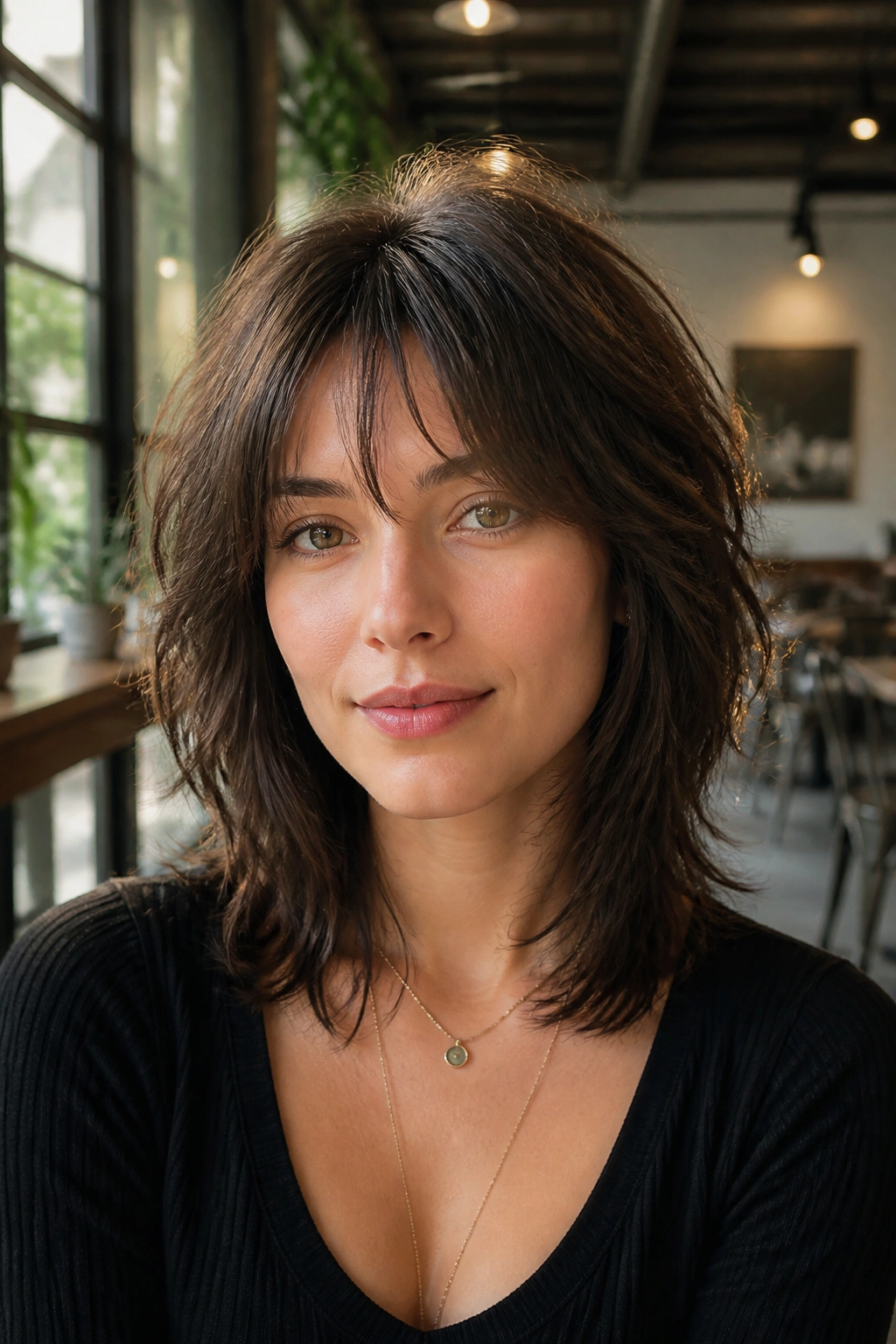 Close-up of a real person with a wispy fringe and textured shag in a sunlit cafe