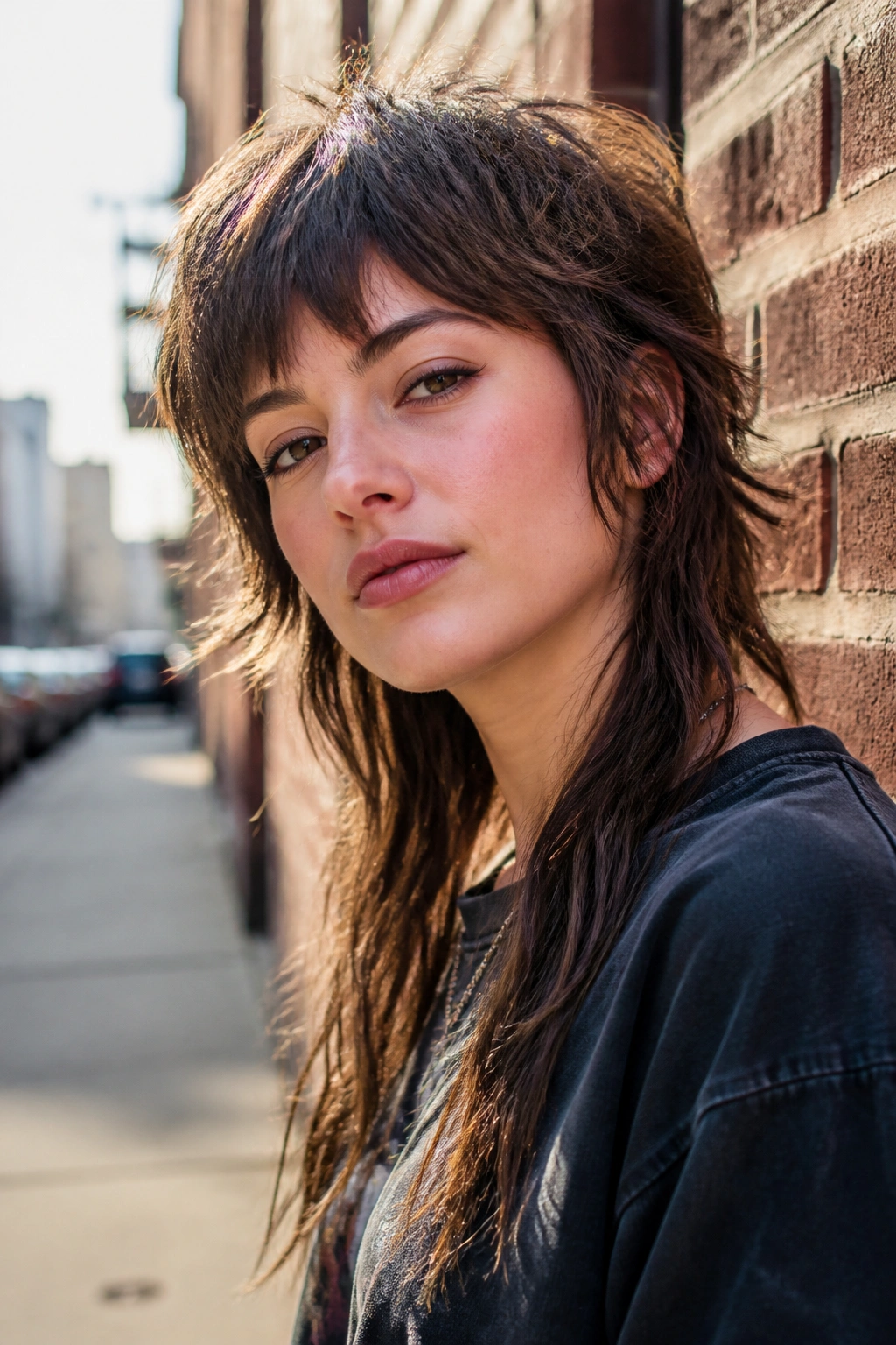 Portrait of a real person with a modern shaggy mullet outdoors near a brick wall