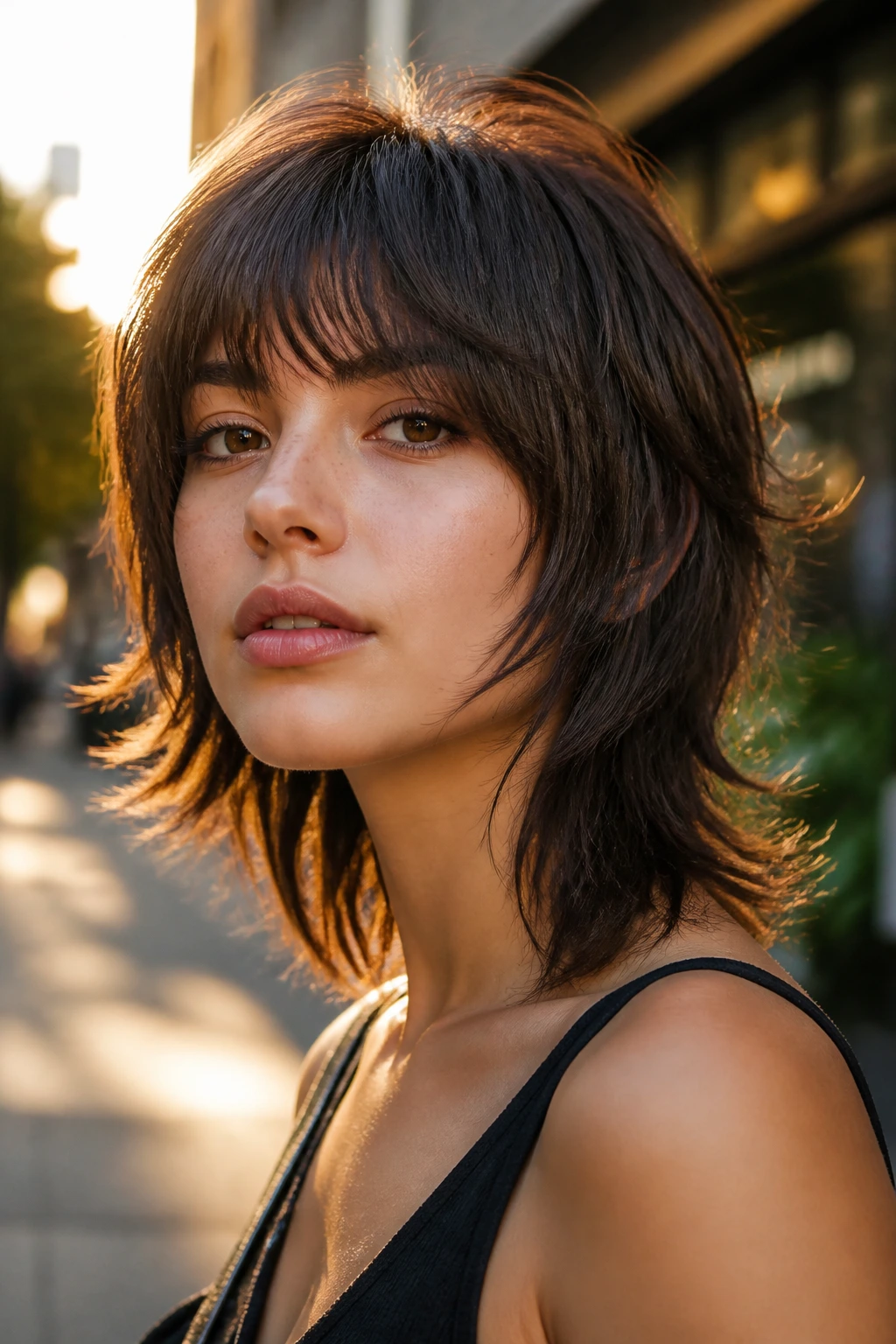 Real person with a modern wolf cut at medium length in golden hour urban light