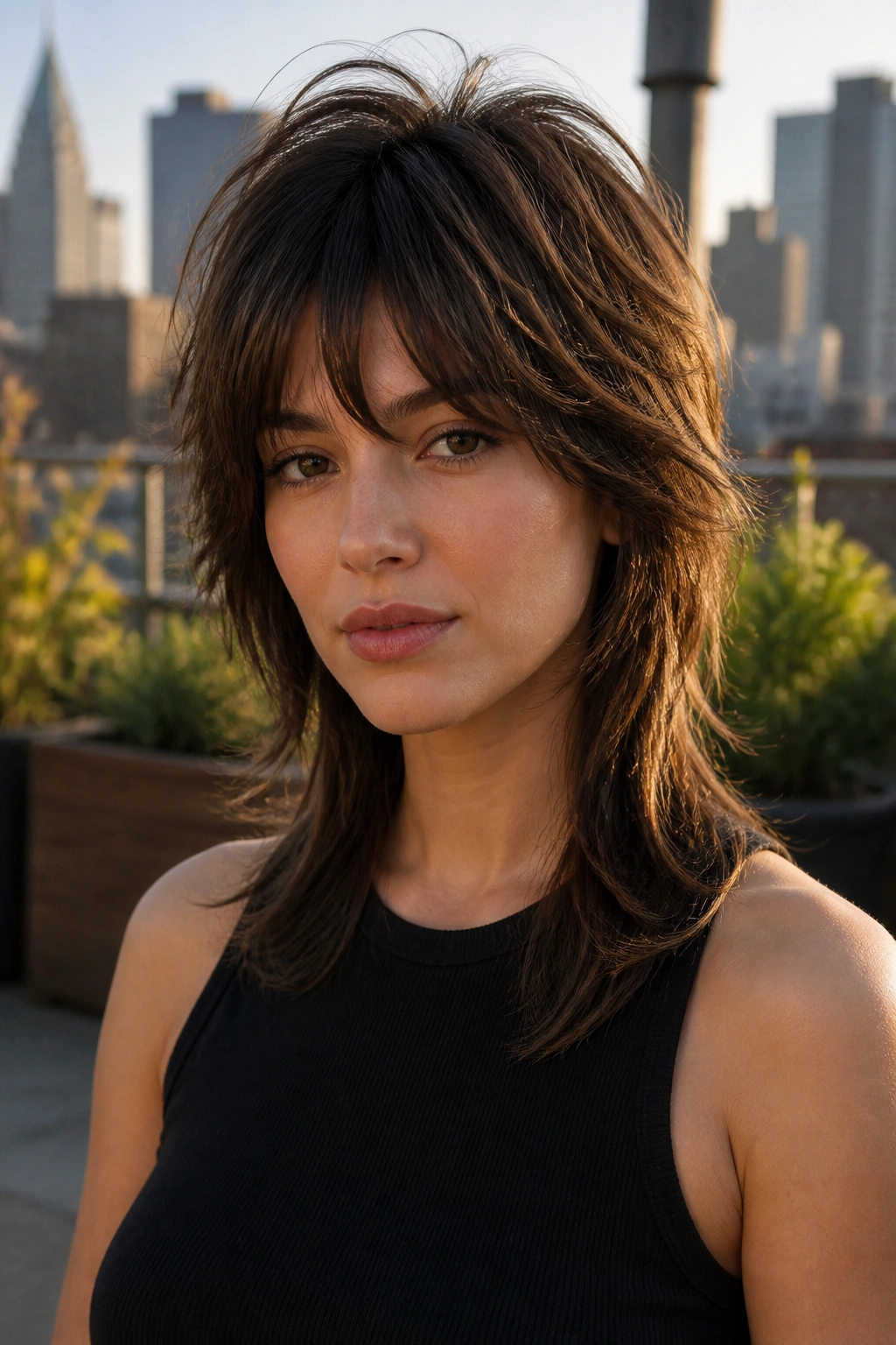 Front portrait of a real woman with a Modern Wolf Cut in brown hair