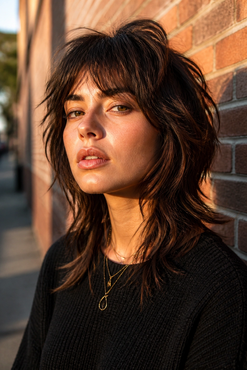 Portrait of a real person with a modern wolf cut on an urban street at golden hour.