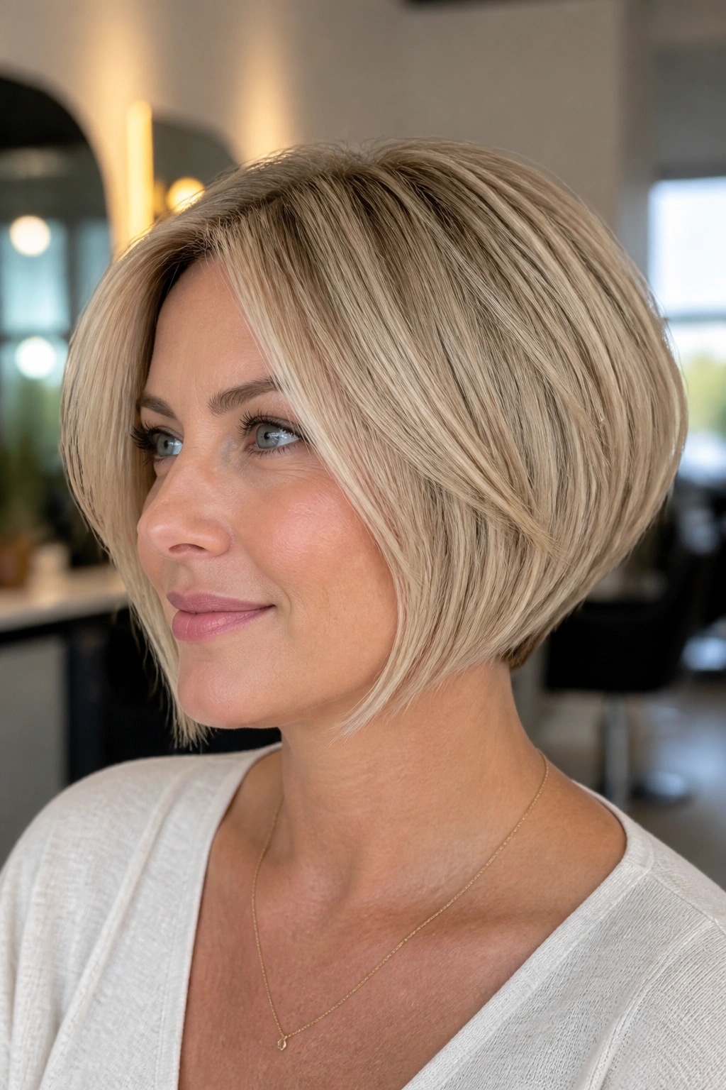 Close-up portrait of a real woman with Modified Mushroom Blond Bob hairstyle in a salon.