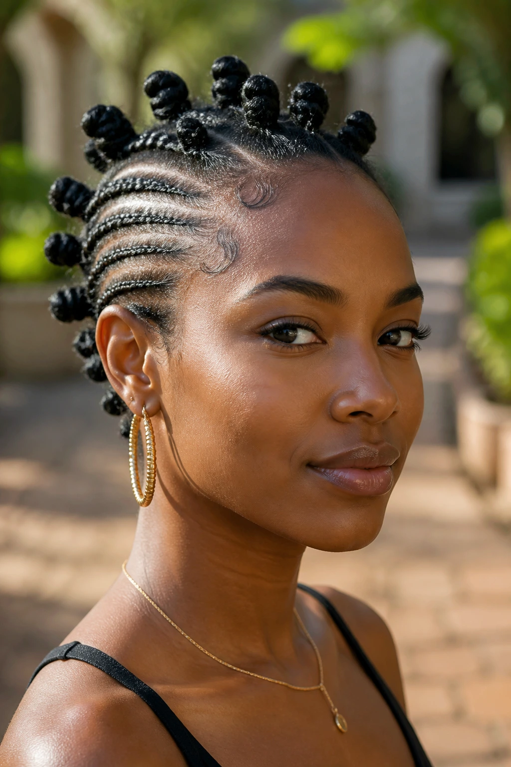 Close-up of a real person with mohawk ending in Bantu knots