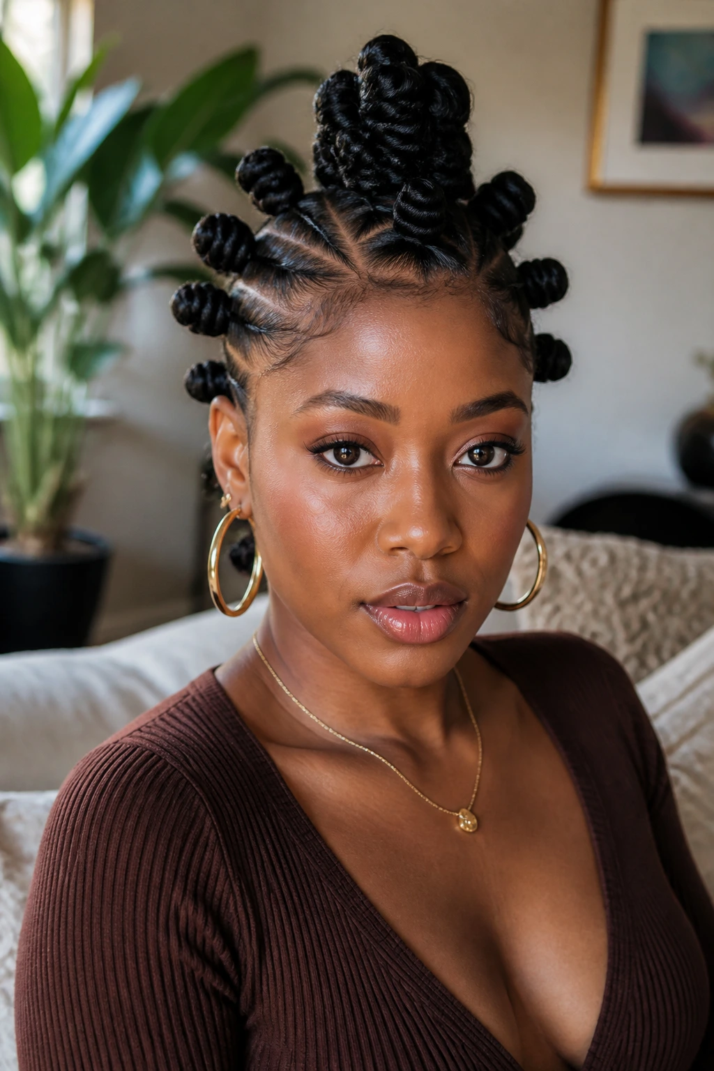 Front portrait of a real person with mohawk formed by Bantu knots along the sides.