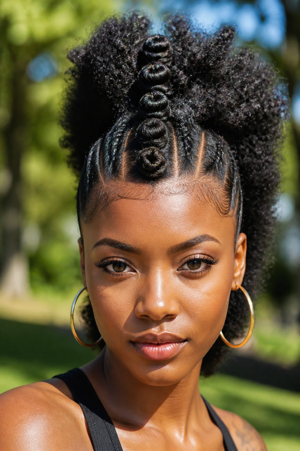 Close-up of a Black woman with a central Mohawk of Bantu knots in a park
