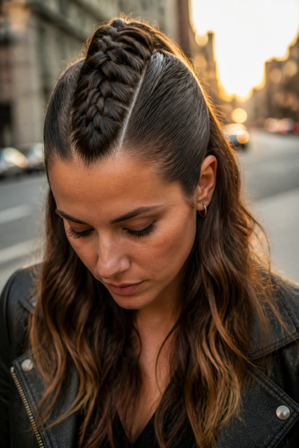 Close-up of a real woman with a center top mohawk braid on an urban street at golden hour.