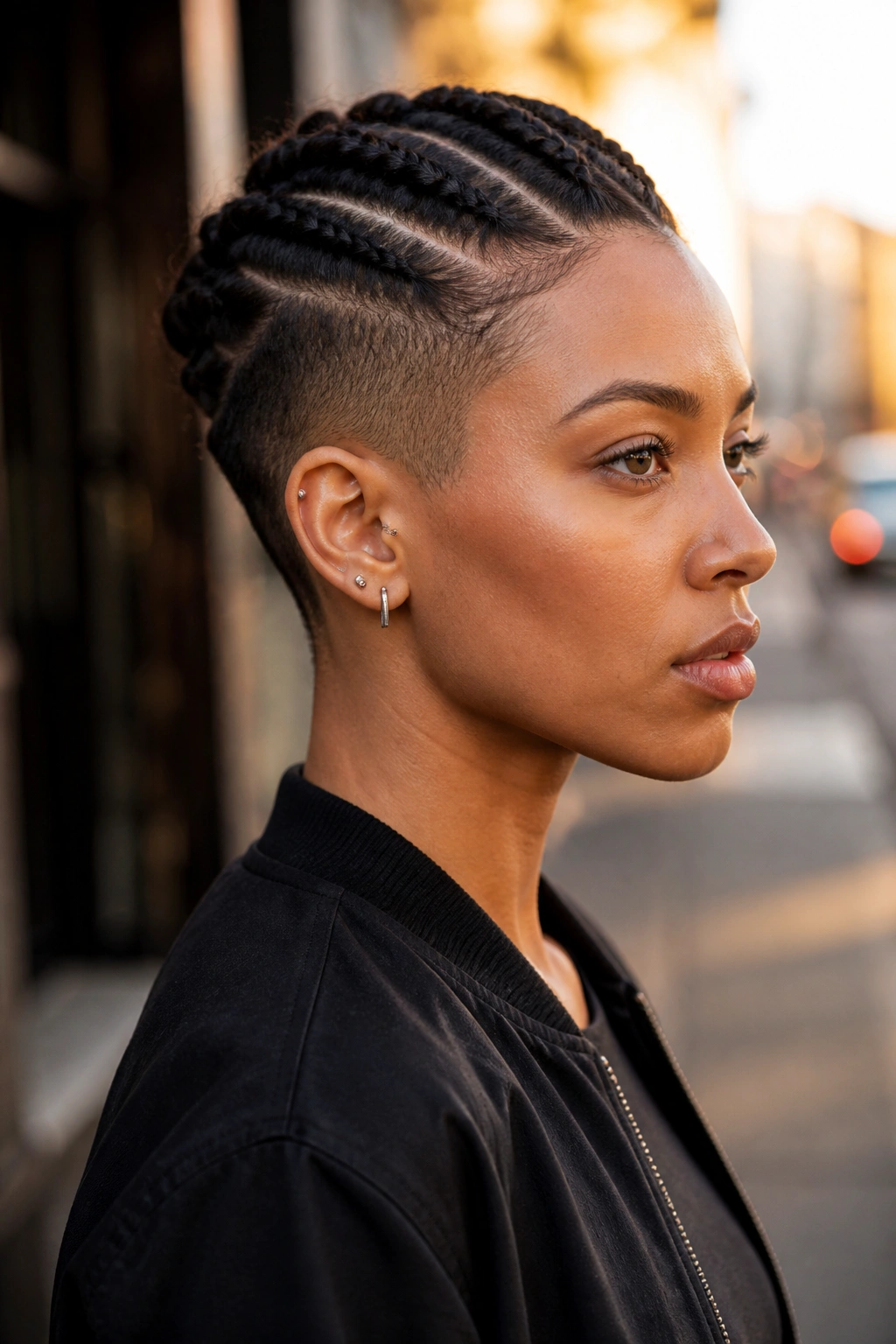 Portrait of a real person with a braided Mohawk and tapered sides
