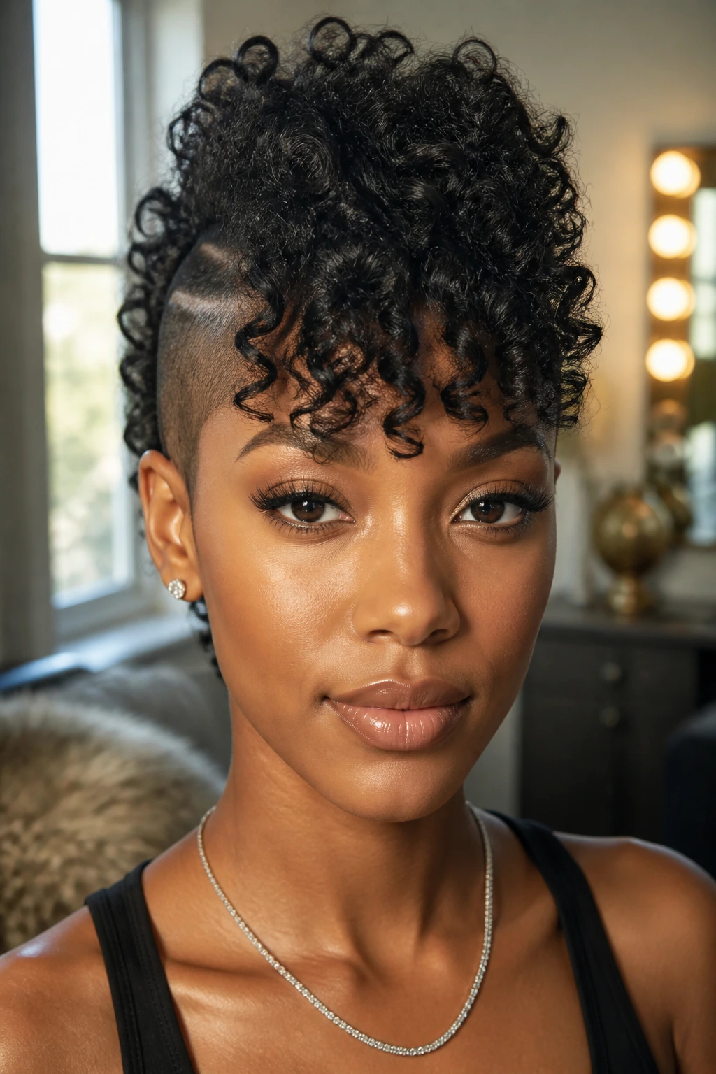 Close-up of a Black woman with curls forming bangs in a mohawk