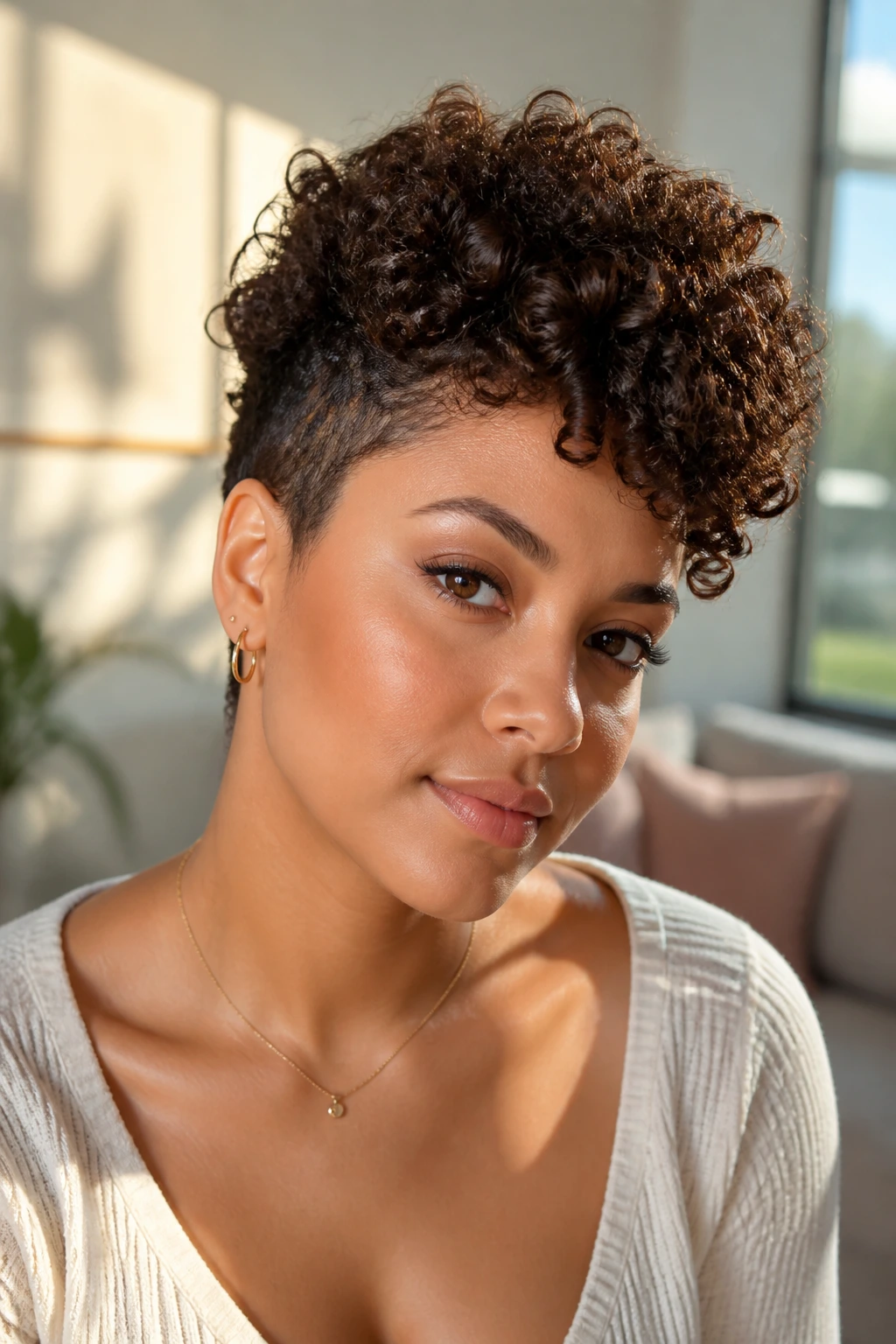 Close-up portrait of a real woman with a soft mohawk-inspired curly crop in a sunlit living room