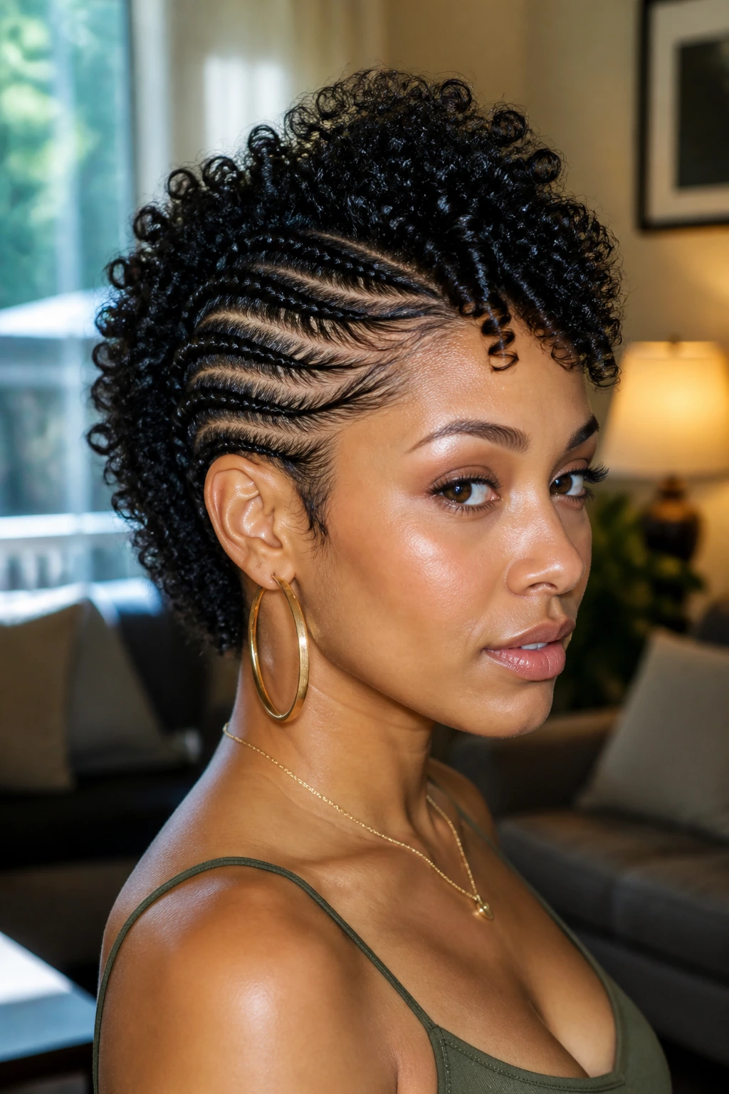 Portrait of a person with a cornrow mohawk and curly ends on top